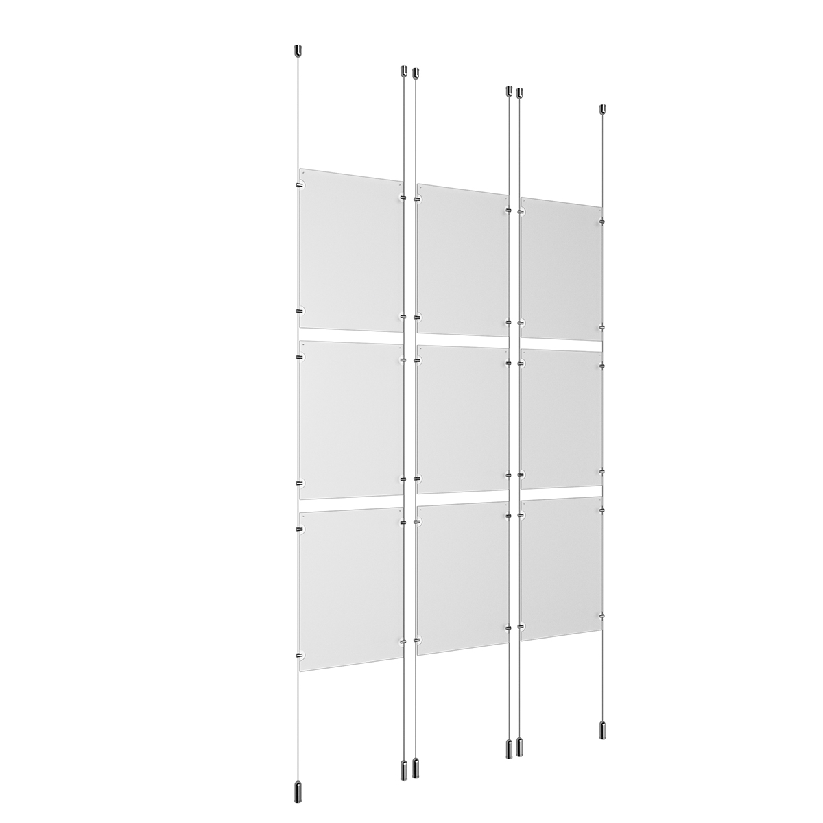 (9) 11'' Width x 17'' Height Clear Acrylic Frame & (6) Ceiling-to-Floor Aluminum Clear Anodized Cable Systems with (36) Single-Sided Panel Grippers