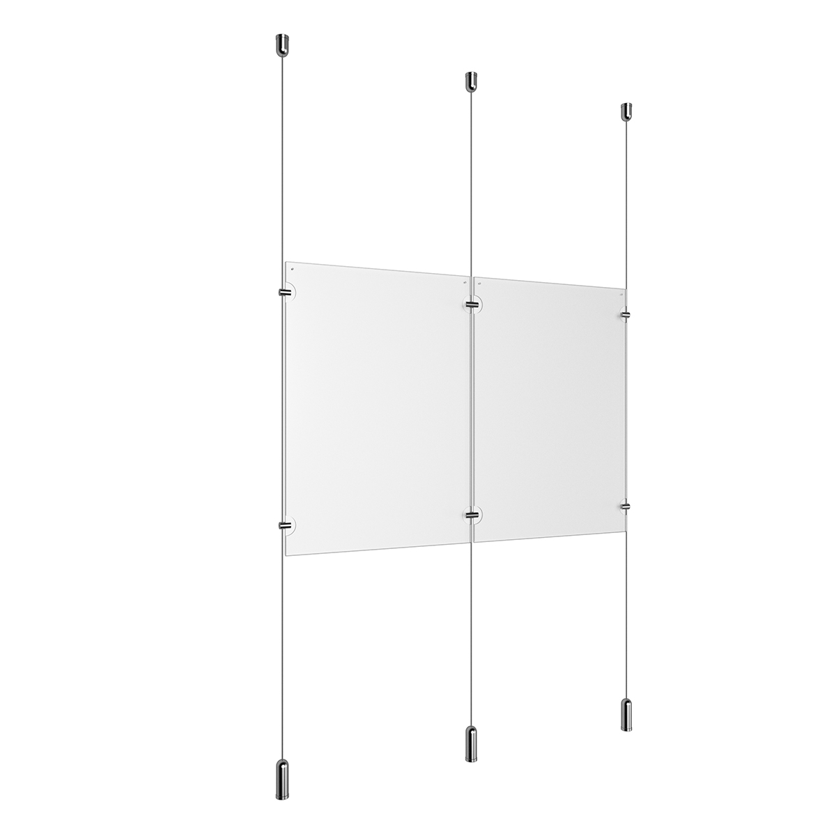 (2) 11'' Width x 17'' Height Clear Acrylic Frame & (3) Ceiling-to-Floor Aluminum Clear Anodized Cable Systems with (4) Single-Sided Panel Grippers (2) Double-Sided Panel Grippers