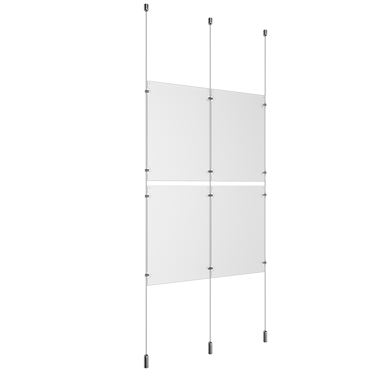 (4) 11'' Width x 17'' Height Clear Acrylic Frame & (3) Ceiling-to-Floor Aluminum Clear Anodized Cable Systems with (8) Single-Sided Panel Grippers (4) Double-Sided Panel Grippers