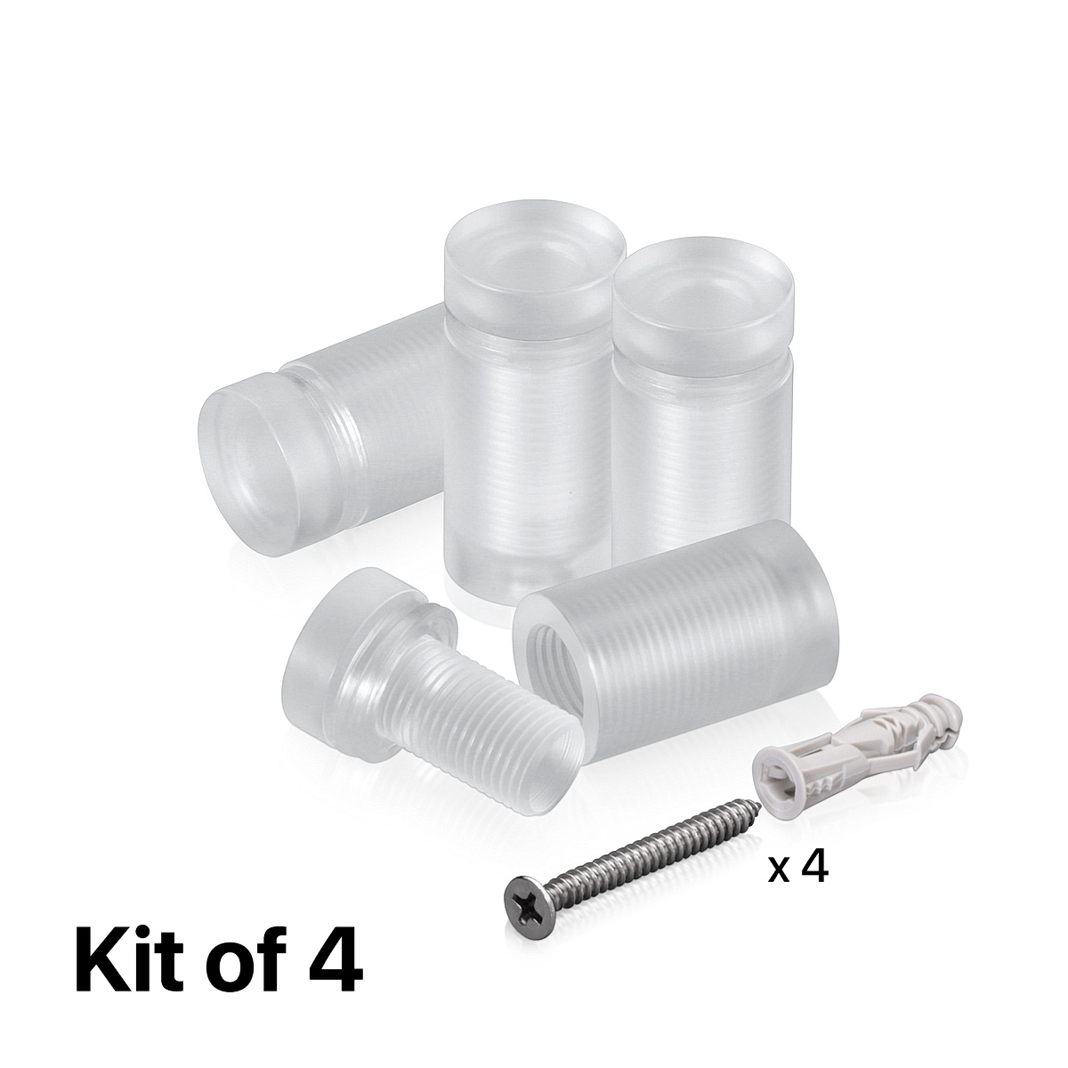 (Set of 4) 5/8'' Diameter X 1'' Barrel Length, Clear Acrylic Standoff. Standoff with (4) 2208Z Screw and (4) LANC1 Anchor for concrete or drywall (For Inside Use Only) Secure [Required Material Hole Size: 3/8'']