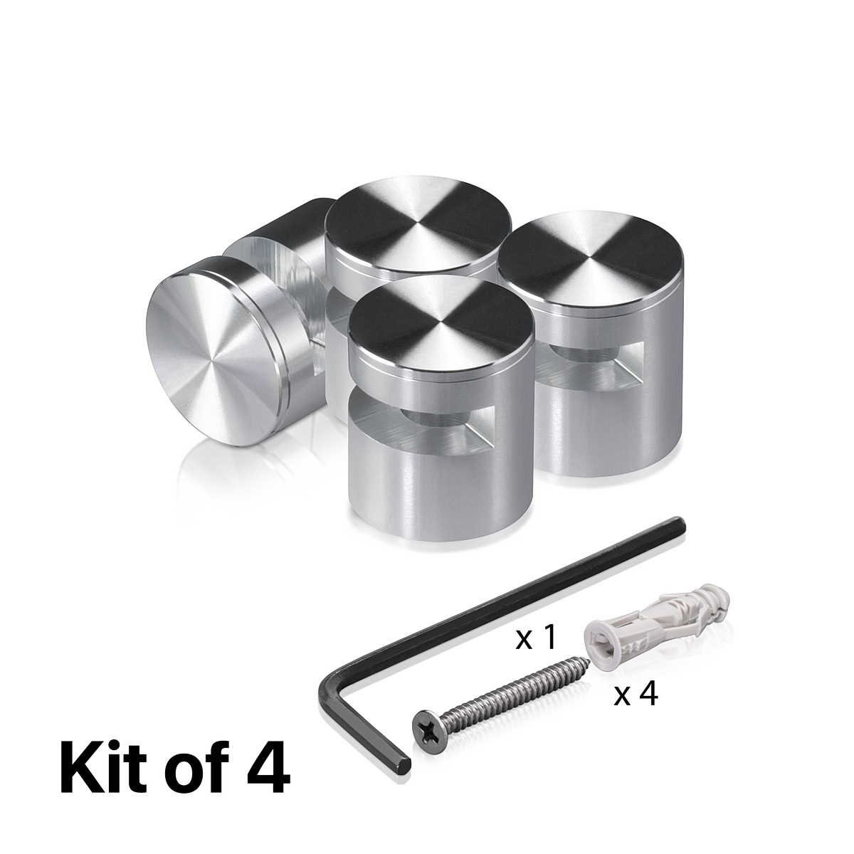 (Set of 4) 1'' Diameter X 9/16'' Barrel Length, Aluminum Clear Anodized Finish. Easy Fasten Edge Grip Standoff with (4) 2216Z Screws and (4) LANC1 Anchors for concrete or drywall (For Inside Use Only)