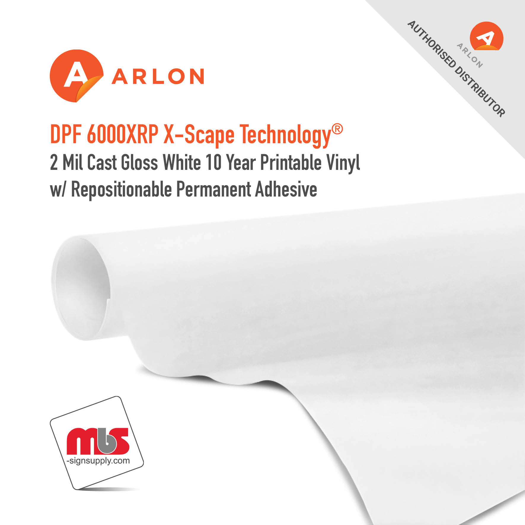 30'' x 50 Yard Roll - Arlon DPF 6000XRP X-Scape Technology® 2 Mil Cast Gloss White 10 Year Printable Vinyl w/ Repositionable Permanent Adhesive