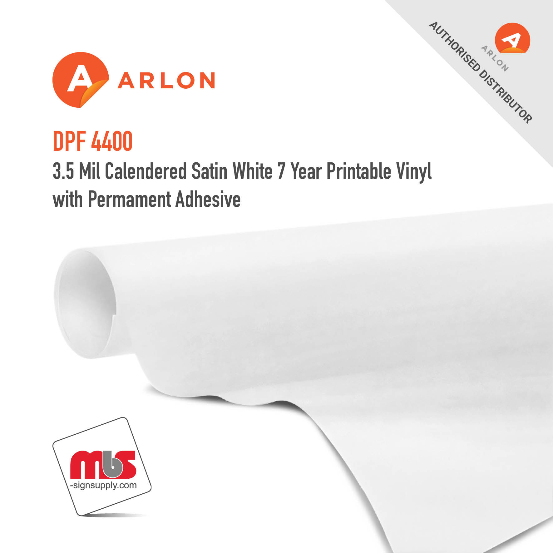 54'' x 50 Yard Roll - Arlon DPF 4400 3.5 Mil Calendered Satin White 7 Year Printable Vinyl w/ Permamnent Adhesive