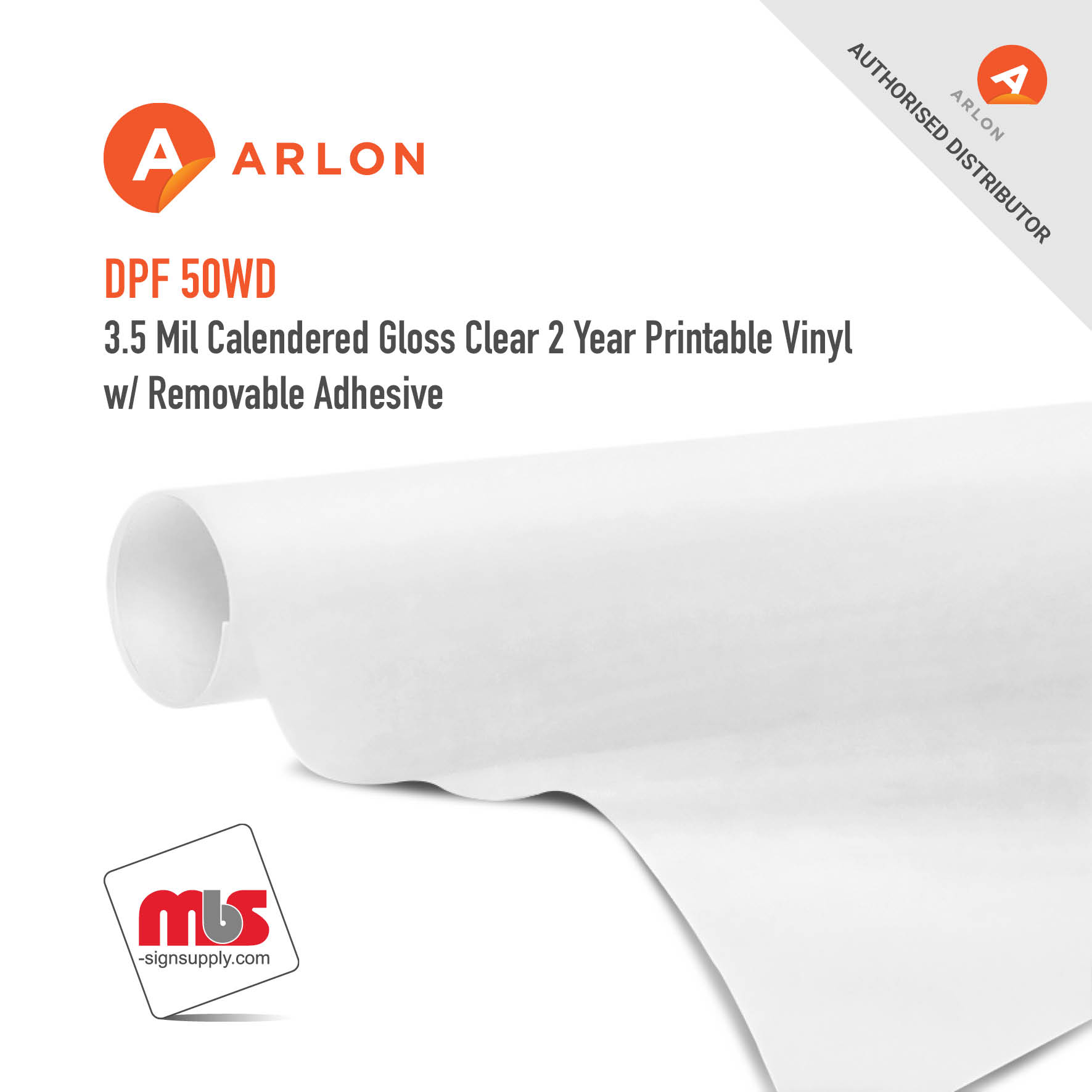 54'' x 50 Yard Roll - Arlon DPF 50WD 3.5 Mil Calendered Gloss Clear 2 Year Printable Vinyl w/ Removable Adhesive