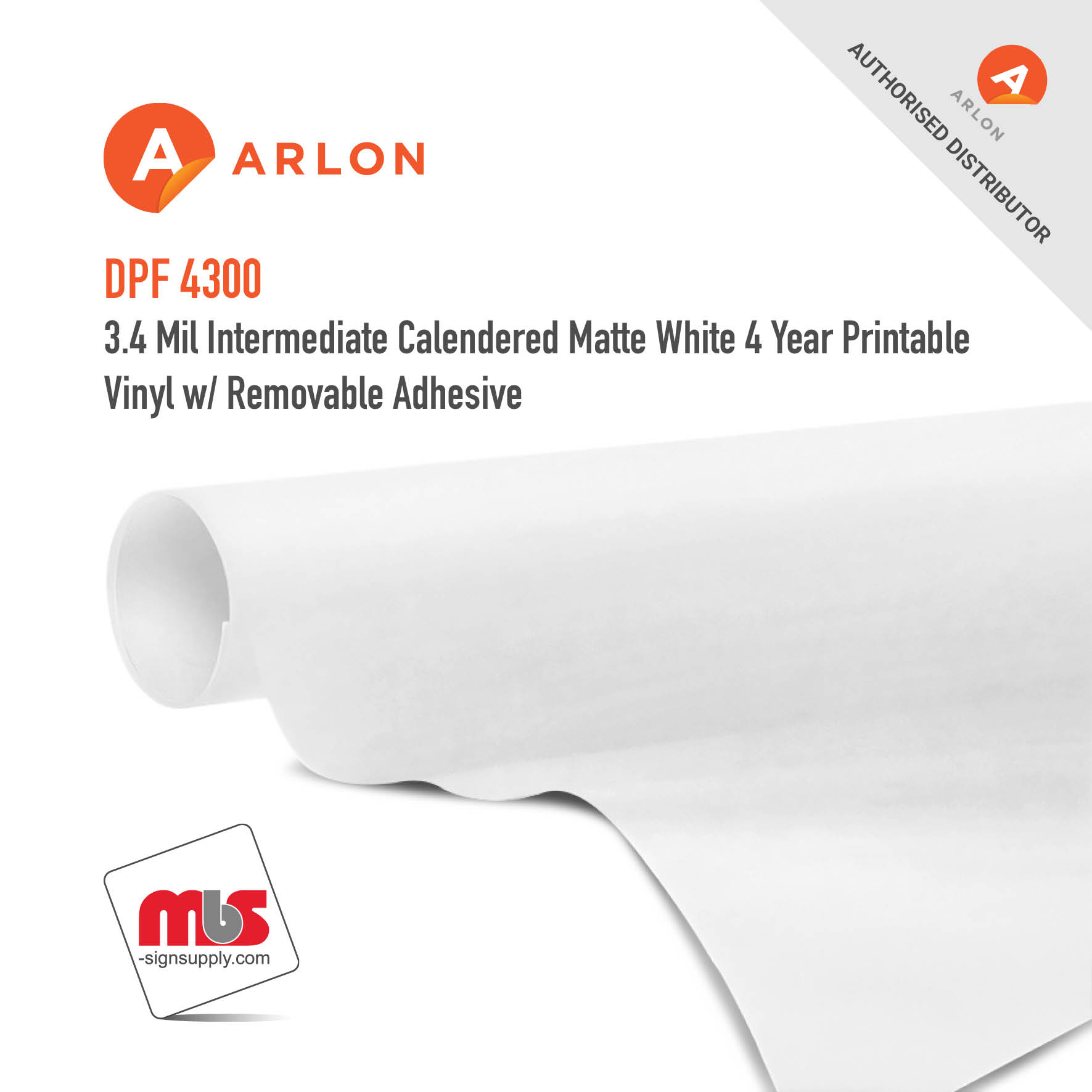 54'' x 50 Yard Roll - Arlon DPF 4300 3.4 Mil Intermediate Calendered Matte White 4 Year Printable Vinyl w/ Removable Adhesive
