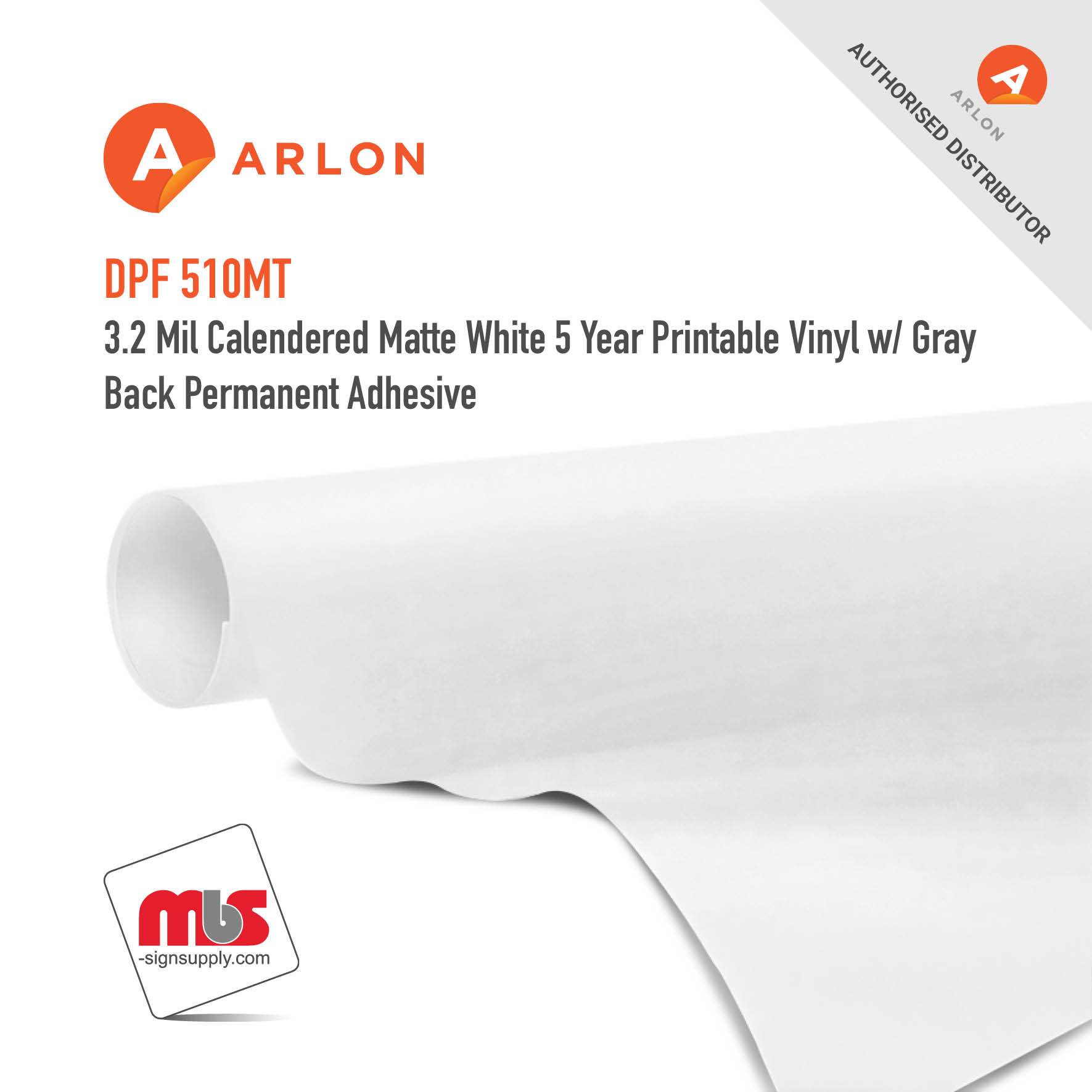 54'' x 50 Yard Roll - Arlon DPF 510MT 3.2 Mil Calendered Matte White 5 Year Printable Vinyl w/ Gray Back Permanent Adhesive