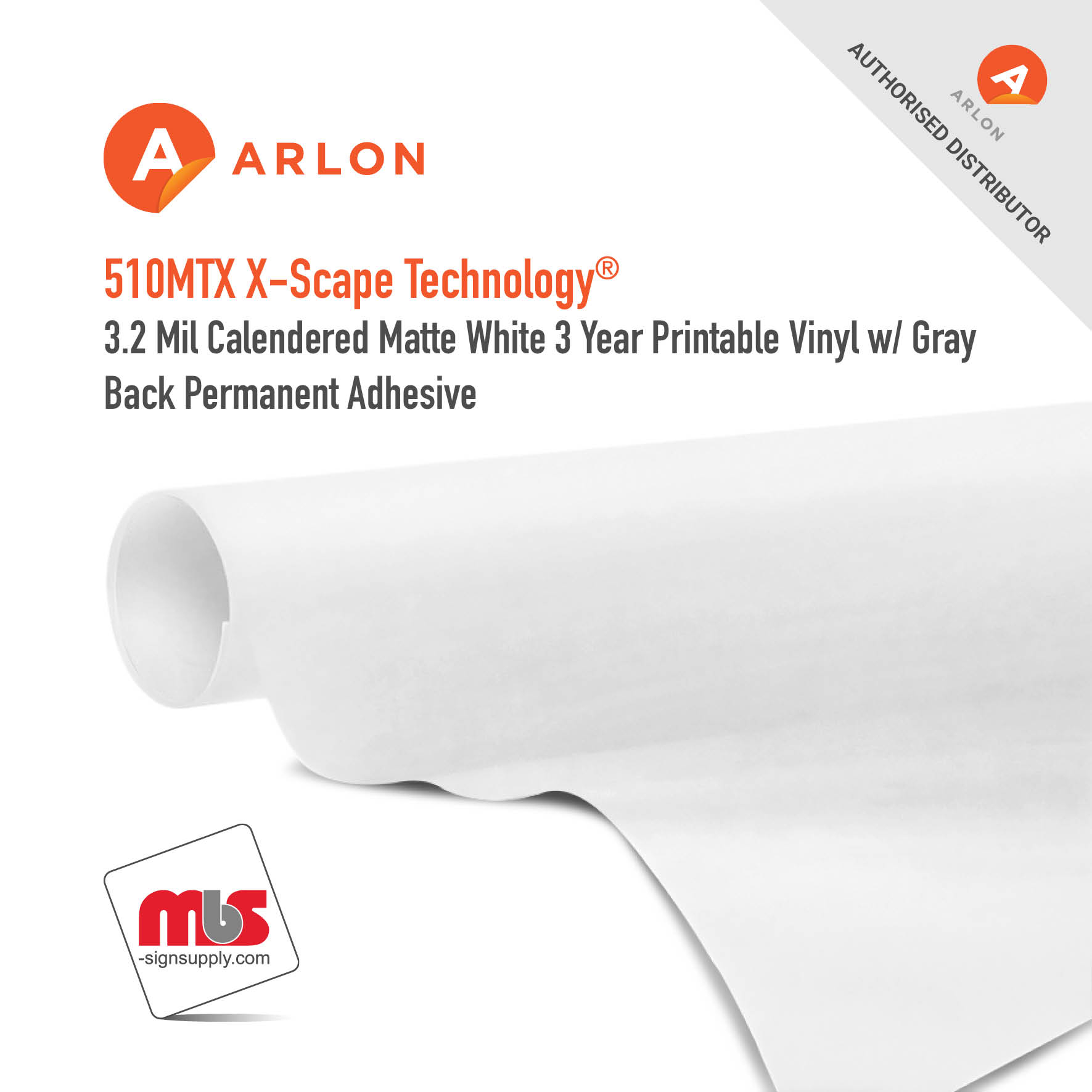 54'' x 50 Yard Roll - Arlon DPF 510MTX X-Scape Technology® 3.2 Mil Calendered Matte White 3 Year Printable Vinyl w/ Gray Back Permanent Adhesive