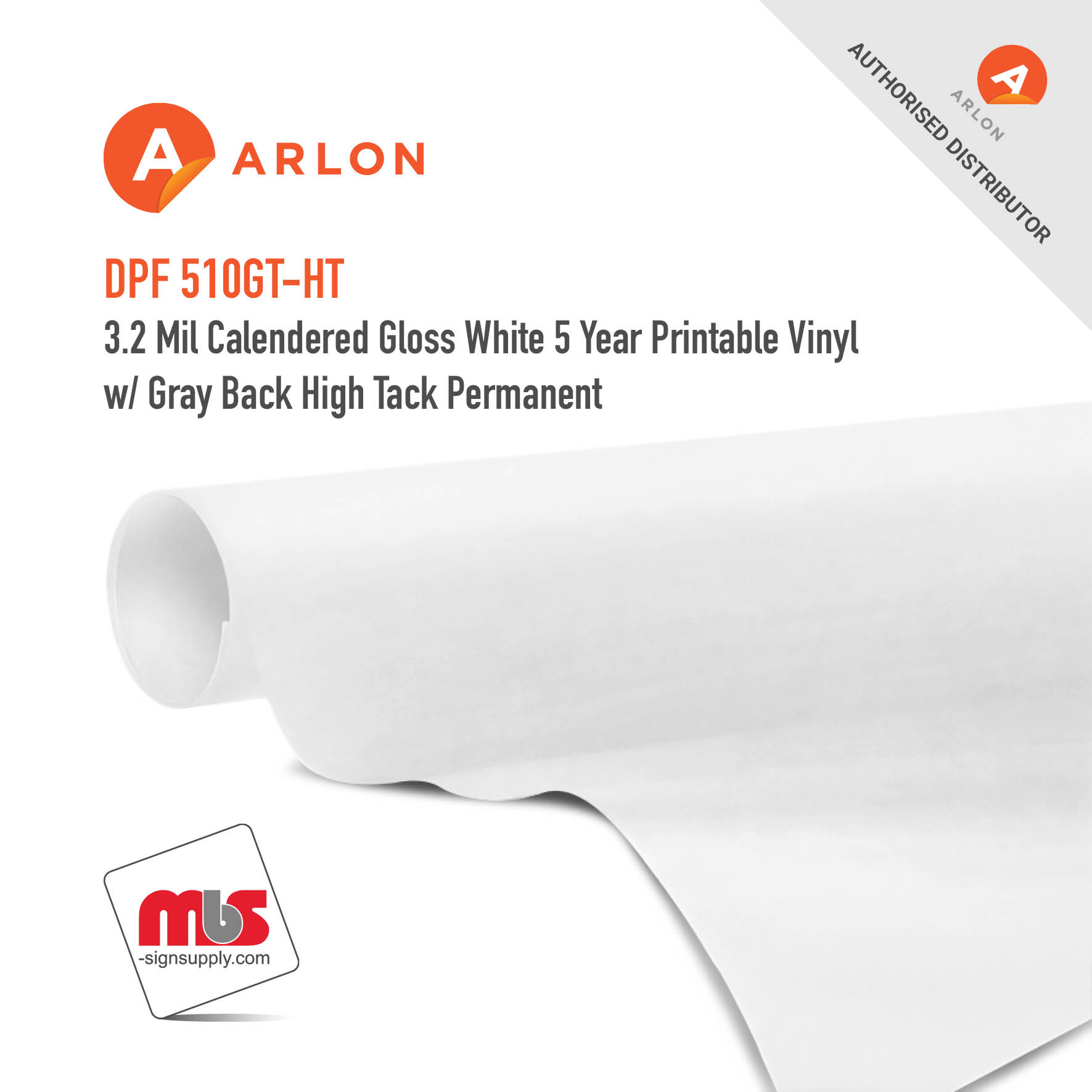 54'' x 50 Yard Roll - Arlon DPF 510GT-HT 3.2 Mil Calendered Gloss White 5 Year Printable Vinyl w/ Gray Back High Tack Permanent
