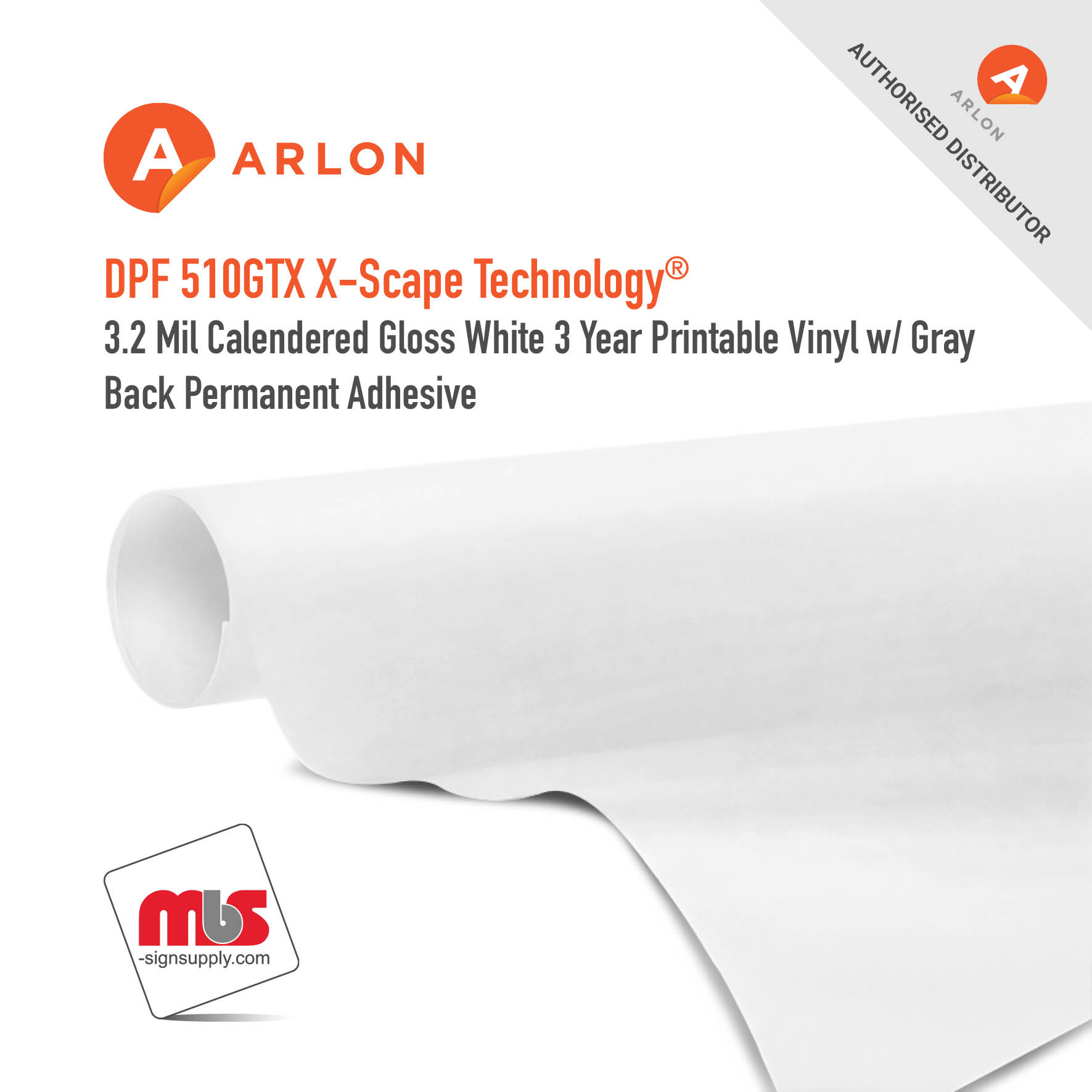 54'' x 50 Yard Roll - Arlon DPF 510GTX X-Scape Technology® 3.2 Mil Calendered Gloss White 3 Year Printable Vinyl w/ Gray Back Permanent Adhesive