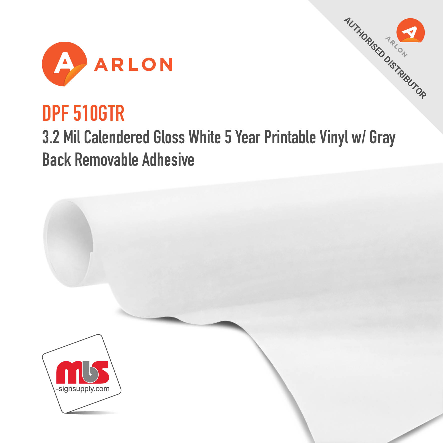 54'' x 50 Yard Roll - Arlon DPF 510GTR 3.2 Mil Calendered Gloss White 5 Year Printable Vinyl w/ Gray Back Removable Adhesive