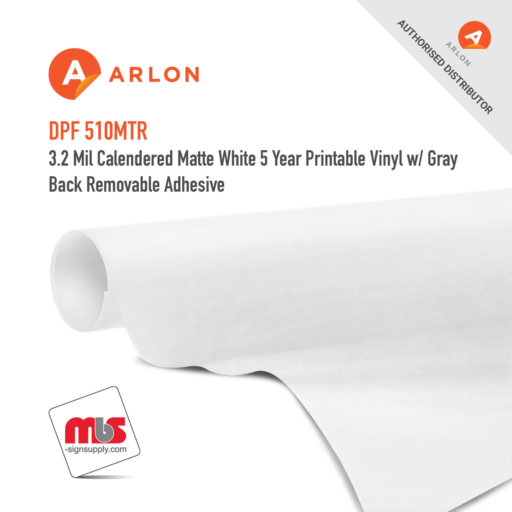 54'' x 50 Yard Roll - Arlon DPF 510MTR 3.2 Mil Calendered Matte White 5 Year Printable Vinyl w/ Gray Back Removable Adhesive