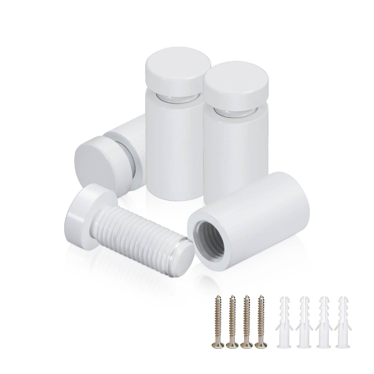 (Set of 4) 1/2'' Diameter X 3/4'' Barrel Length, Affordable Aluminum Standoffs, White Coated Finish Standoff and (4) 2208Z Screw and (4) LANC1 Anchor for concrete/drywall (For Inside/Outside) [Required Material Hole Size: 3/8'']