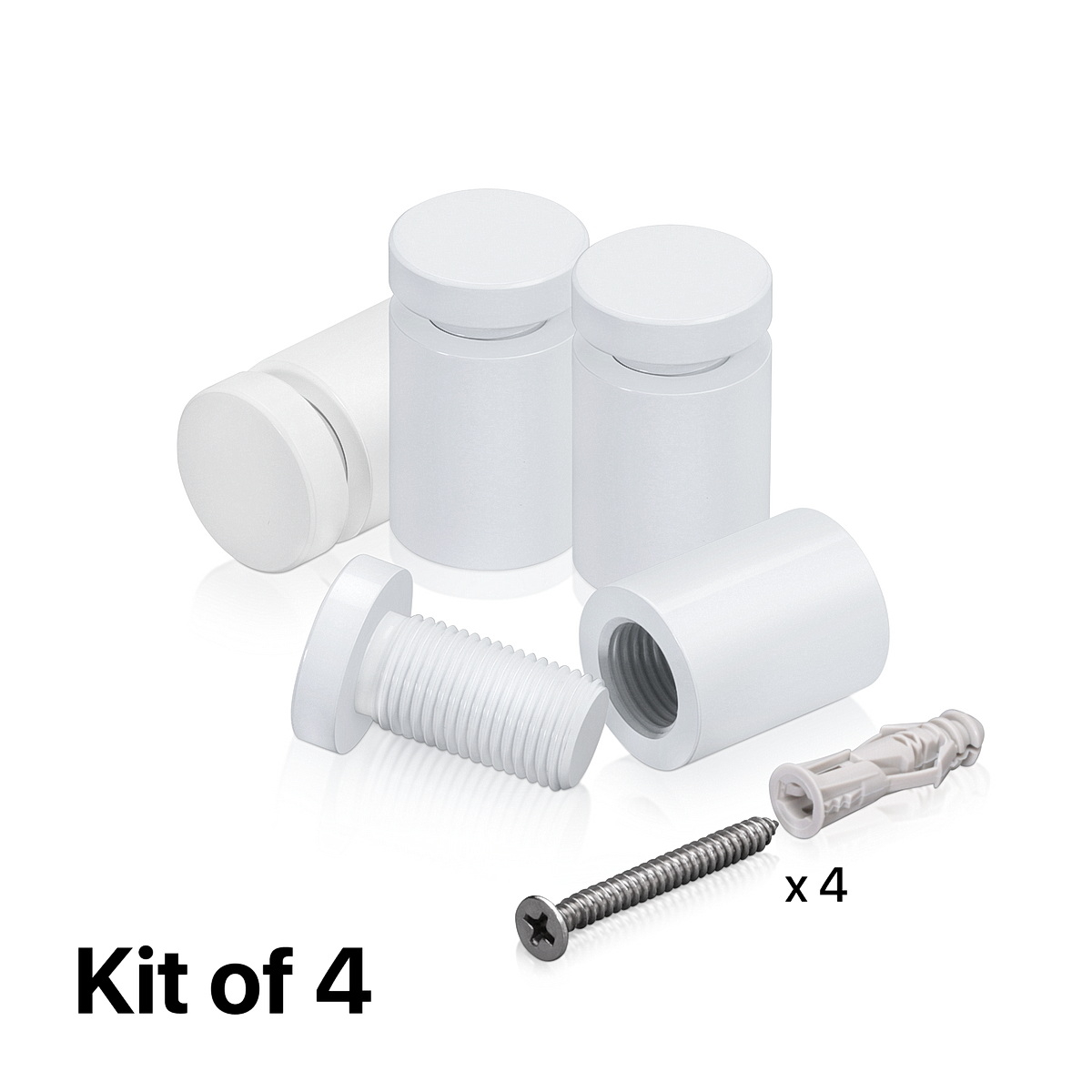 (Set of 4) 5/8'' Diameter X 3/4'' Barrel Length, Affordable Aluminum Standoffs, White Coated Finish Standoff and (4) 2208Z Screw and (4) LANC1 Anchor for concrete/drywall (For Inside/Outside) [Required Material Hole Size: 7/16'']