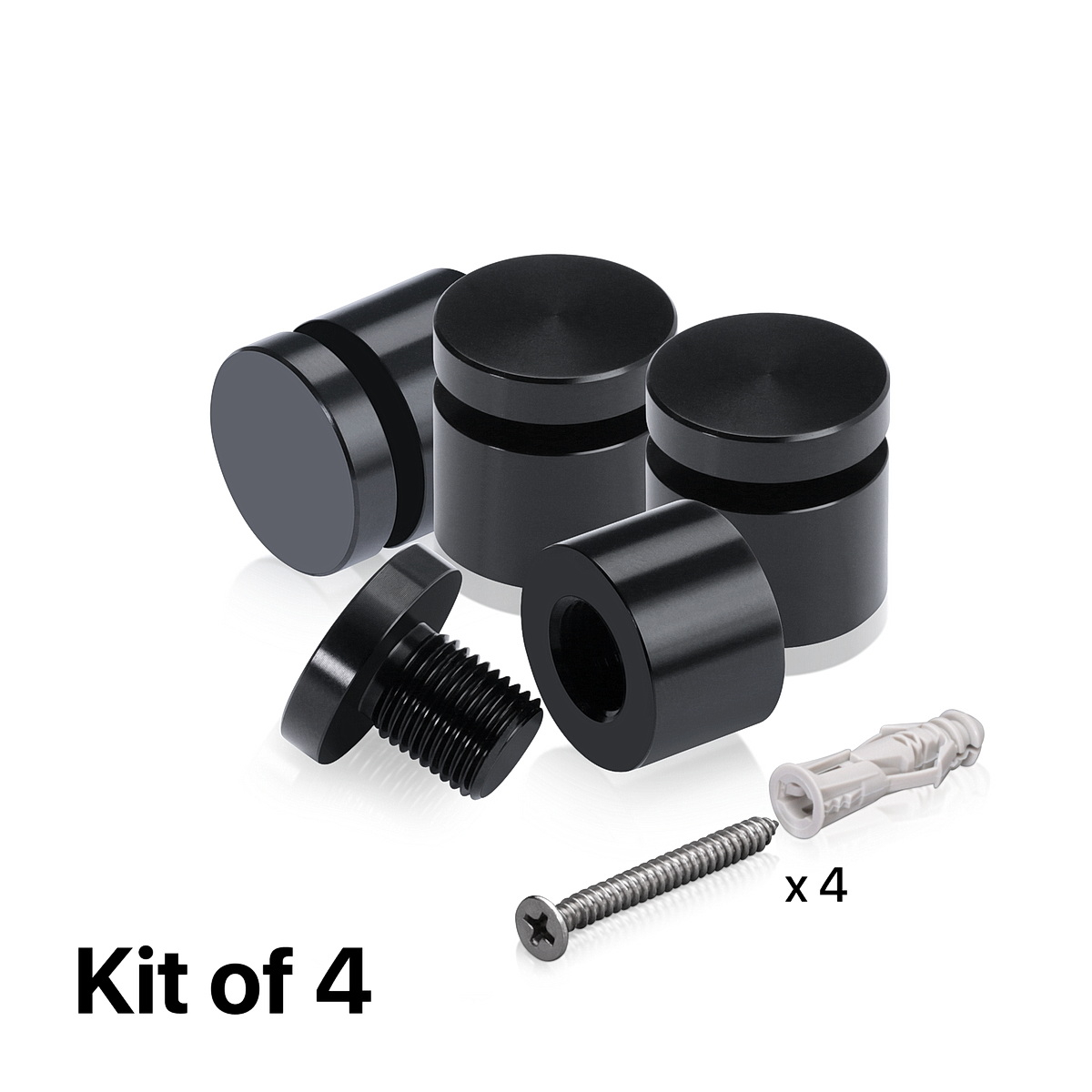 (Set of 4) 3/4'' Diameter X 1/2'' Barrel Length, Affordable Aluminum Standoffs, Black Anodized Finish Standoff and (4) 2216Z Screws and (4) LANC2 Anchors for concrete/drywall (For Inside/Outside) [Required Material Hole Size: 7/16'']