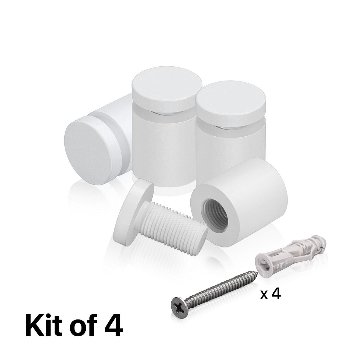 (Set of 4) 3/4'' Diameter X 3/4'' Barrel Length, Affordable Aluminum Standoffs, White Coated Finish Standoff and (4) 2216Z Screws and (4) LANC2 Anchors for concrete/drywall (For Inside/Outside) [Required Material Hole Size: 7/16'']