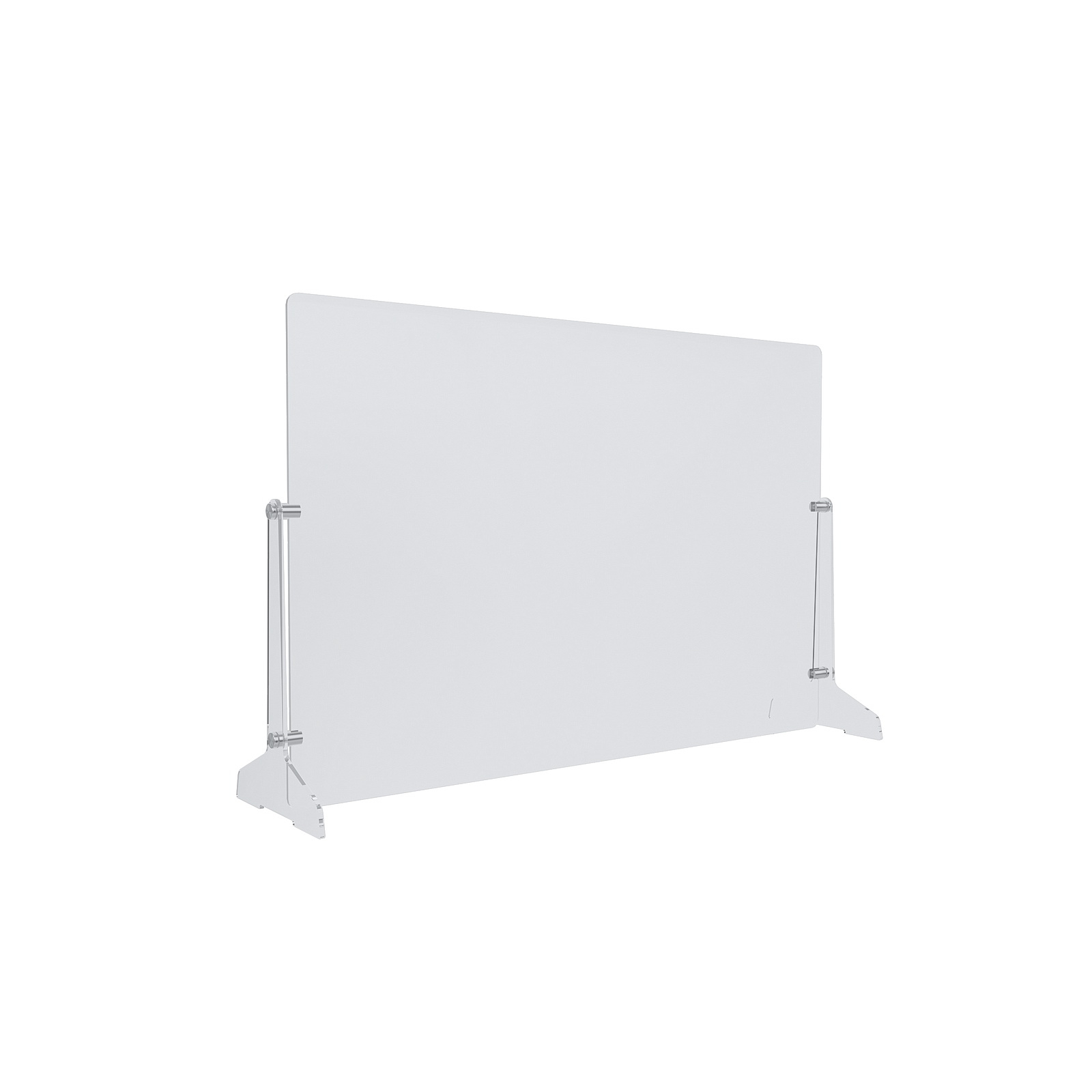Clear Acrylic Sneeze Guard 30'' Wide x 20'' Tall, with (2) 7'' Wide x 12-5/16'' Deep Feet on the Side, and (4) Aluminum Clear Anodized Forks / Standoffs.