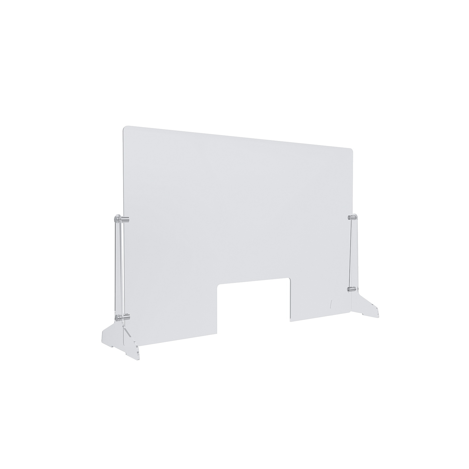 Clear Acrylic Sneeze Guard 30'' Wide x 20'' Tall (10'' x 5'' Cut Out), with (2) 7'' Wide x 12-5/16'' Deep Feet on the Side, and (4) Aluminum Clear Anodized Forks / Standoffs..