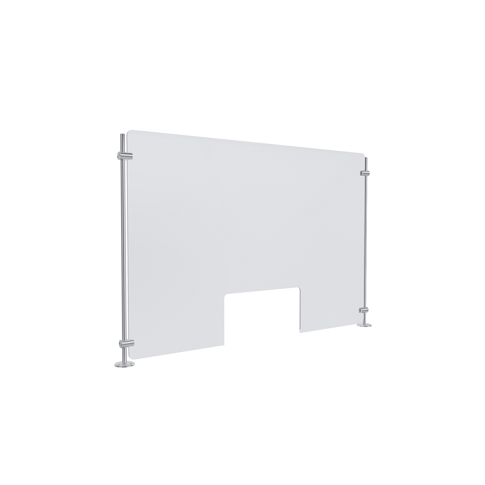 Clear Acrylic Sneeze Guard 30'' Wide x 20'' Tall (10'' x 5'' Cut Out), with (2) 20'' Tall x 3/8'' Diameter Clear Anodized Aluminum Rod on the Side..