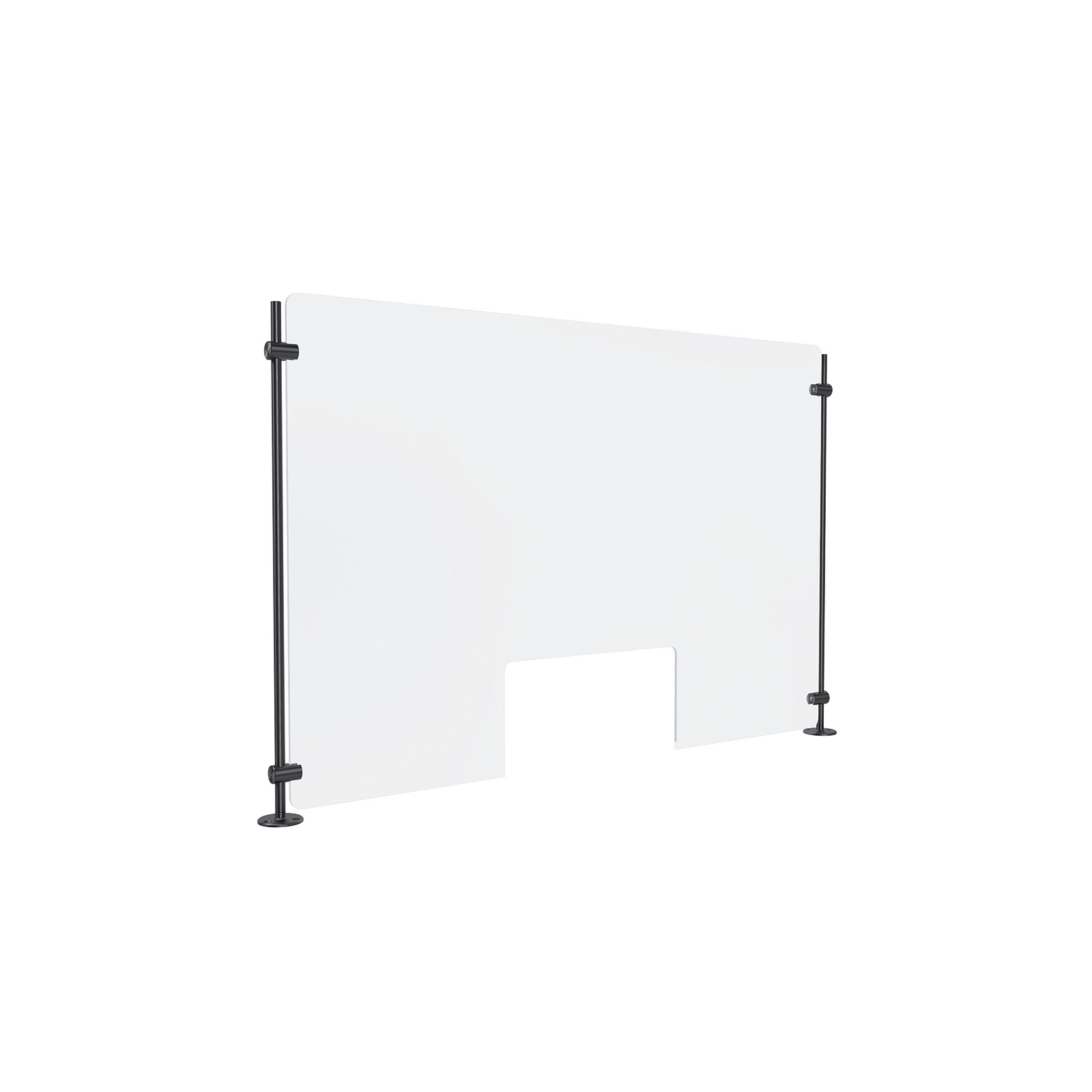 Clear Acrylic Sneeze Guard 30'' Wide x 20'' Tall (10'' x 5'' Cut Out), with (2) 20'' Tall x 3/8'' Diameter Black Anodized Aluminum Rod on the Side..