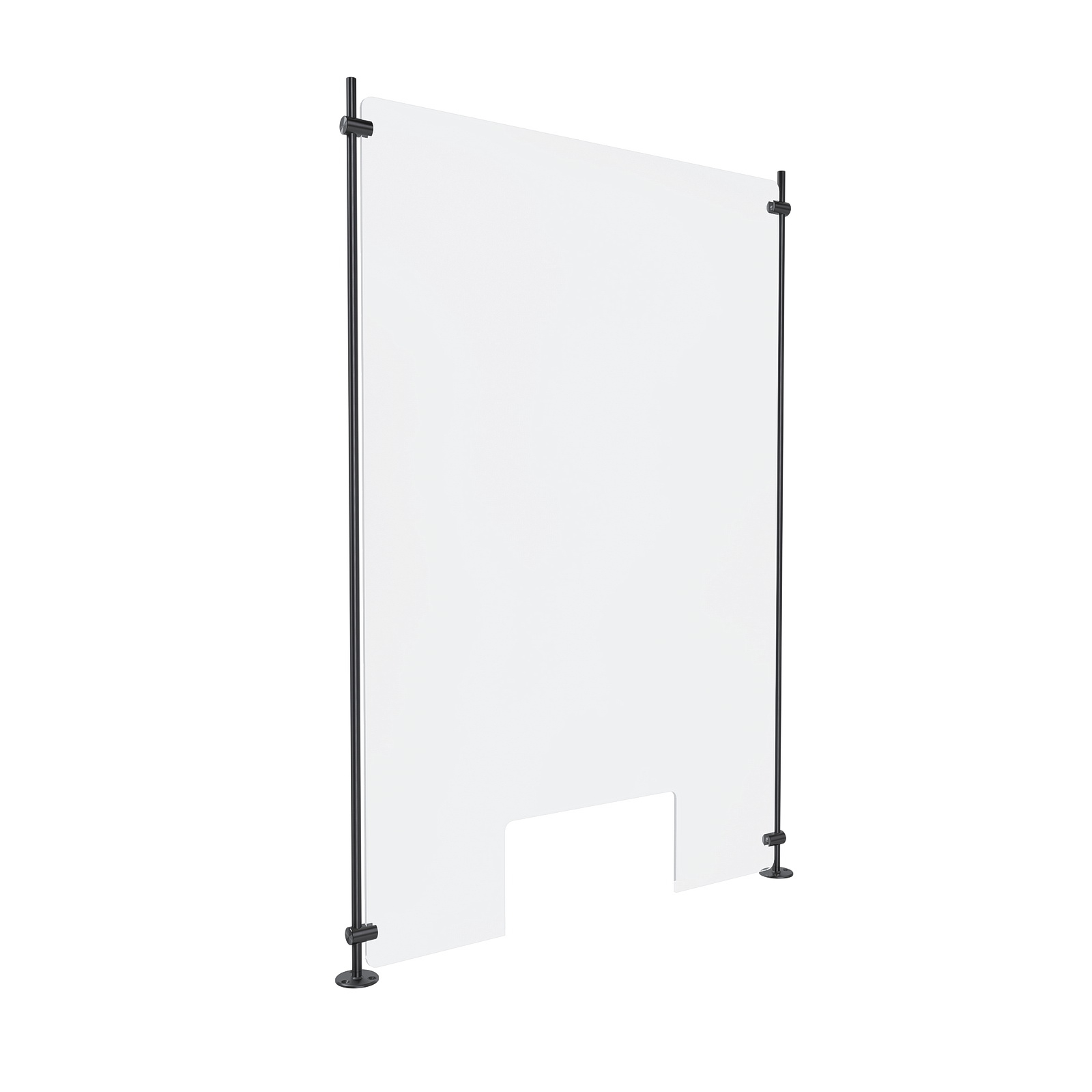 Clear Acrylic Sneeze Guard 23-1/2'' Wide x 35'' Tall (10'' x 5'' Cut Out), with (2) 36'' Tall x 3/8'' Diameter Matte Black Anodized Aluminum Rods on the Side
