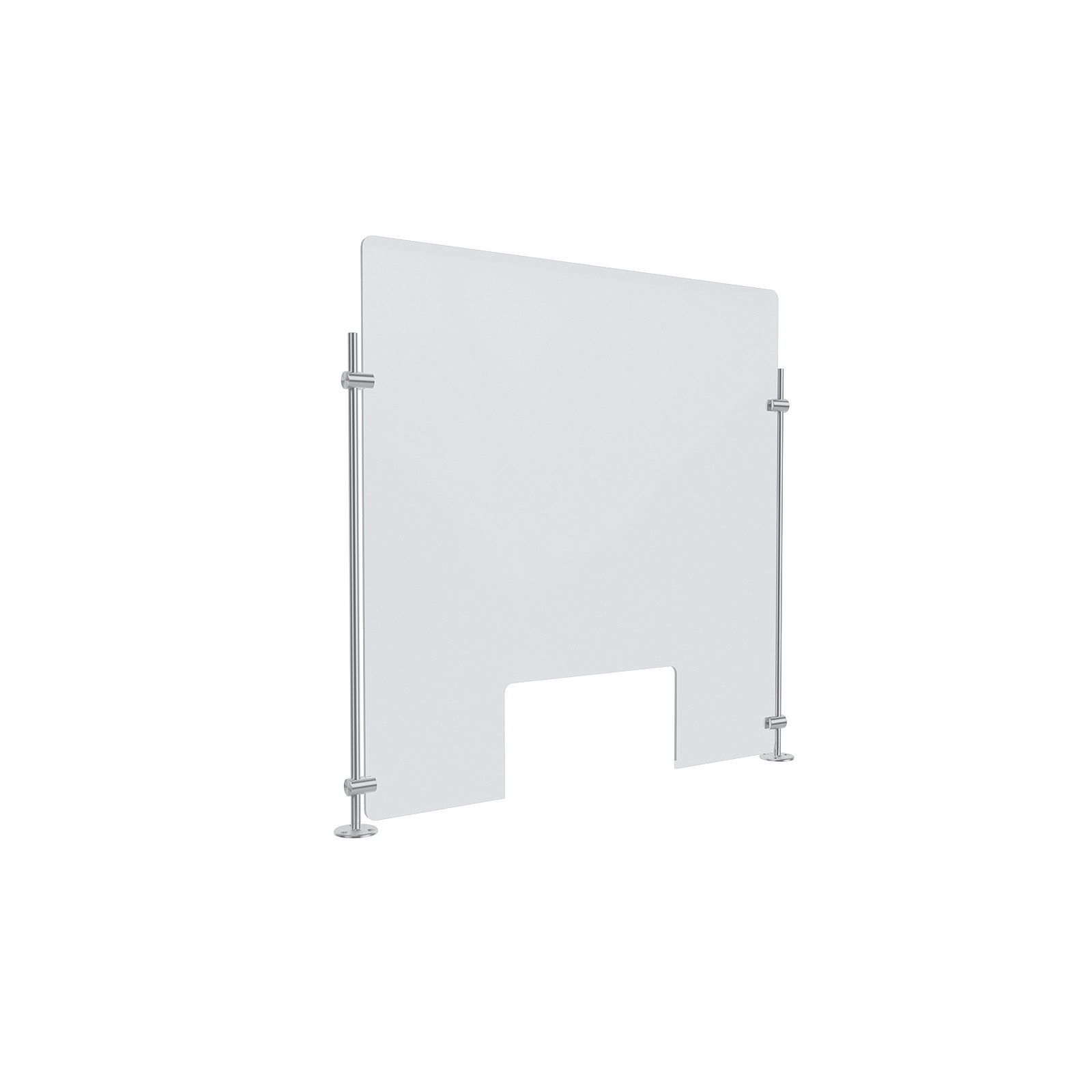 Clear Acrylic Sneeze Guard 23-1/2'' Wide x 23-1/2'' Tall (10'' x 5'' Cut Out), with (2) 20'' Tall x 3/8'' Diameter Clear Anodized Aluminum Rod on the Side.