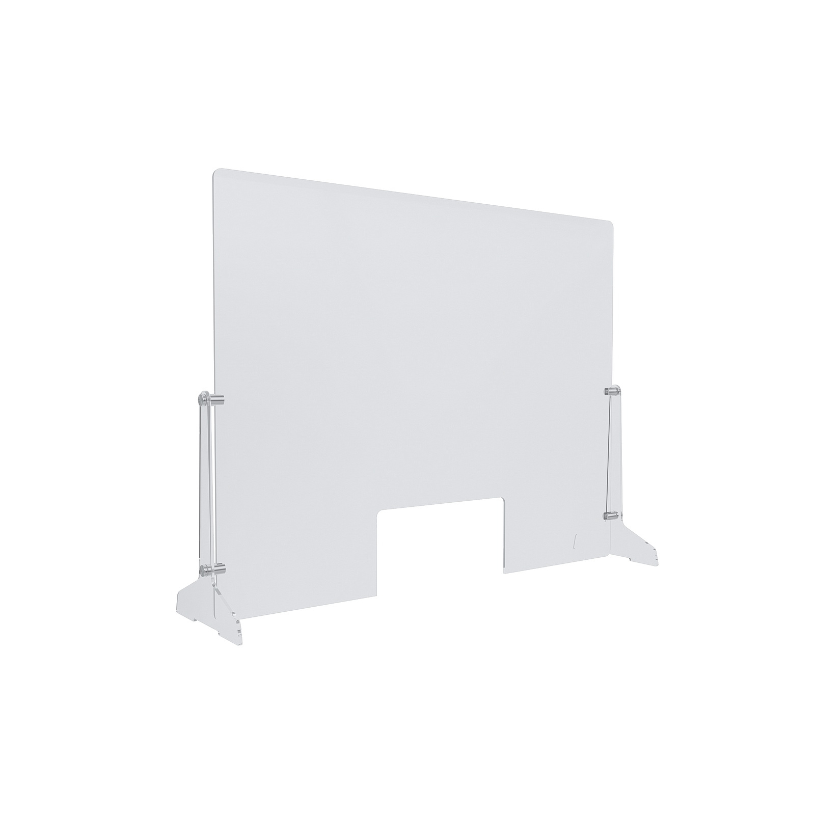 Clear Acrylic Sneeze Guard 30'' Wide x 23-1/2'' Tall (10'' x 5'' Cut Out), with (2) 7'' Wide x 12-5/16'' Deep Feet on the Side, and (4) Aluminum Clear Anodized Forks / Standoffs..