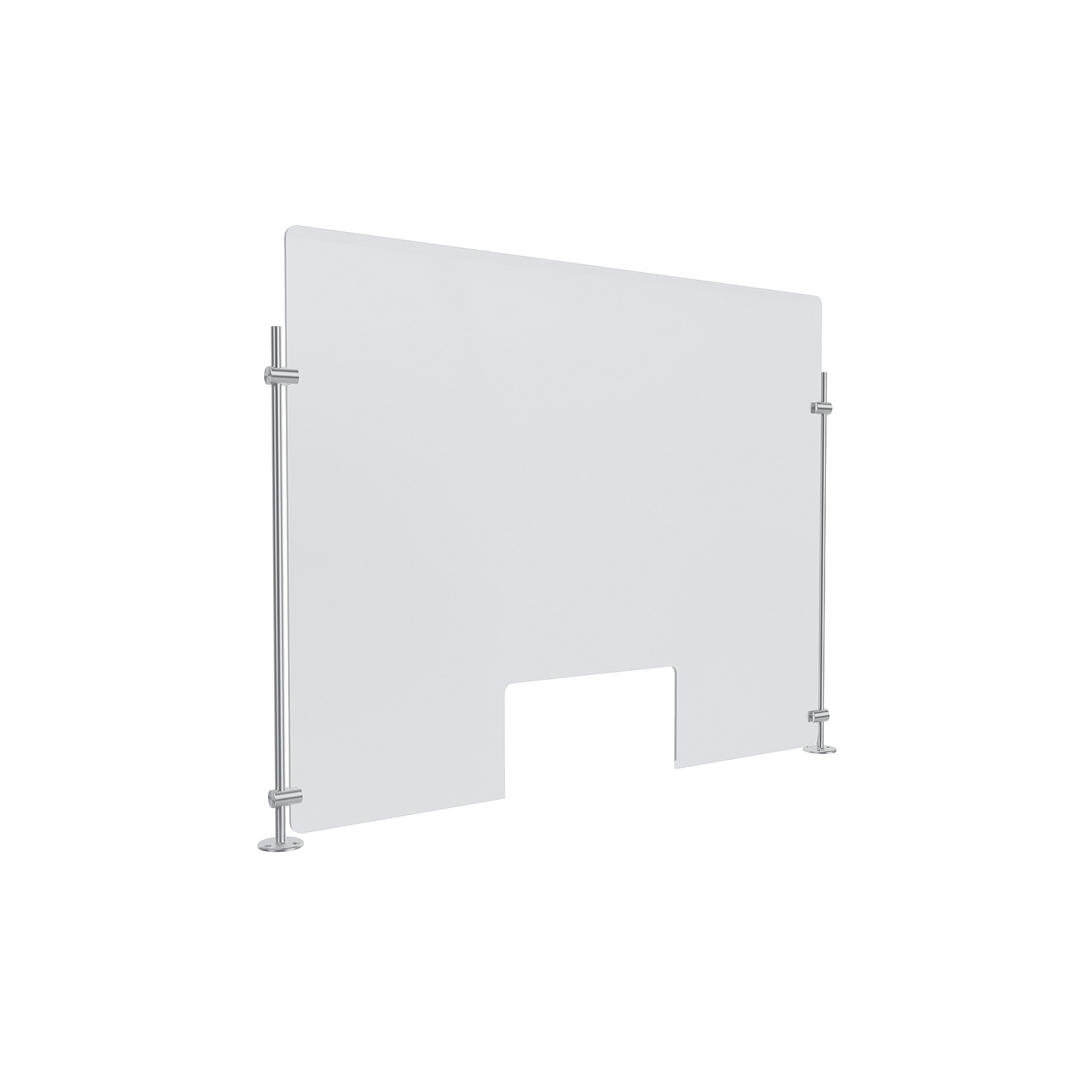 Clear Acrylic Sneeze Guard 30'' Wide x 23-1/2'' Tall (10'' x 5'' Cut Out), with (2) 20'' Tall x 3/8'' Diameter Clear Anodized Aluminum Rod on the Side..