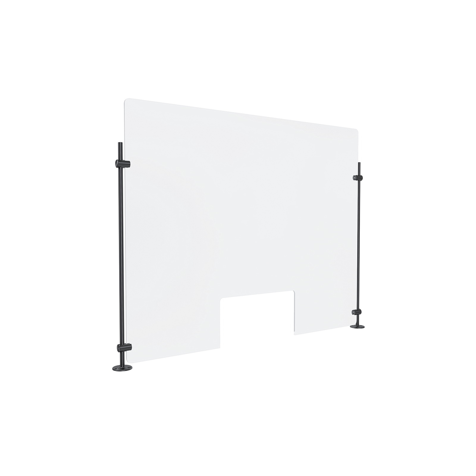 Clear Acrylic Sneeze Guard 30'' Wide x 23-1/2'' Tall (10'' x 5'' Cut Out), with (2) 20'' Tall x 3/8'' Diameter Black Anodized Aluminum Rod on the Side...