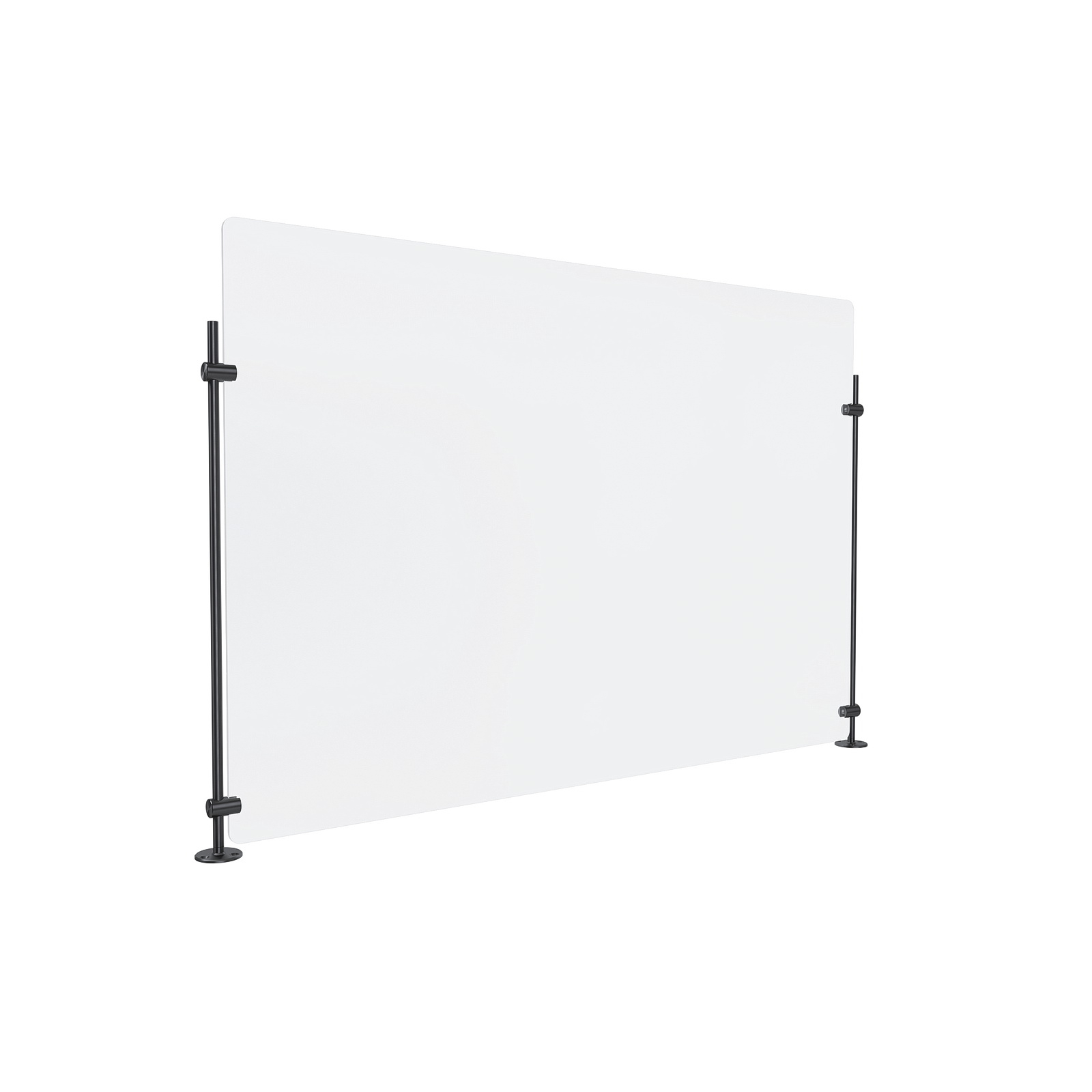Clear Acrylic Sneeze Guard 35'' Wide x 23-1/2'' Tall, with (2) 20'' Tall x 3/8'' Diameter Black Anodized Aluminum Rods on the Side.
