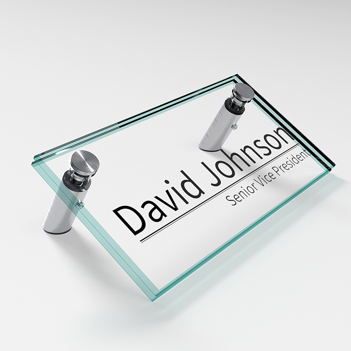 6'' x 3''  Desk Name Plate, 30° Angle,  Full Set with Flat Head Standoffs and tempered glass (Stainless Steel Satin Brushed Standoffs)