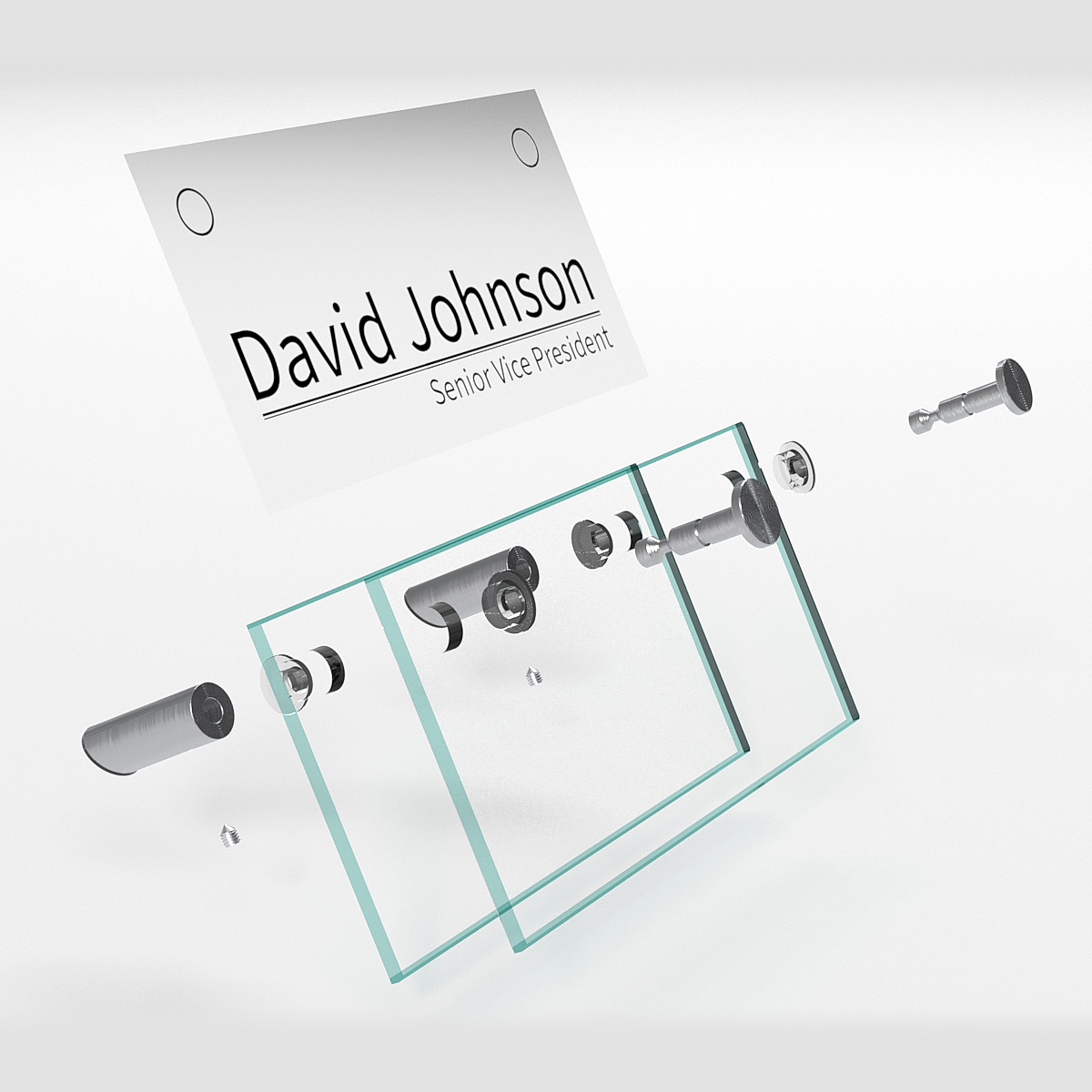 6'' x 3''  Desk Name Plate, 30° Angle,  Full Set with Flat Head Standoffs and tempered glass (Stainless Steel Satin Brushed Standoffs)
