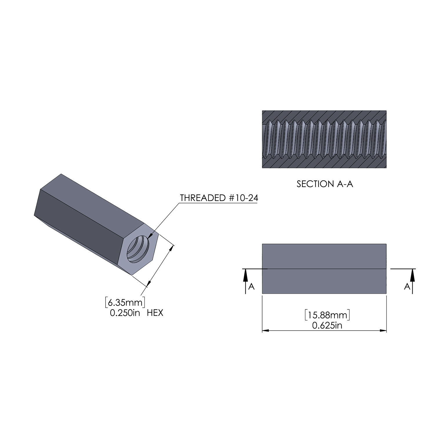 Hex Aluminum Standoff 1/4 Hex x 10-24 Thread x 5/8'' Long, Plain Aluminum Finish