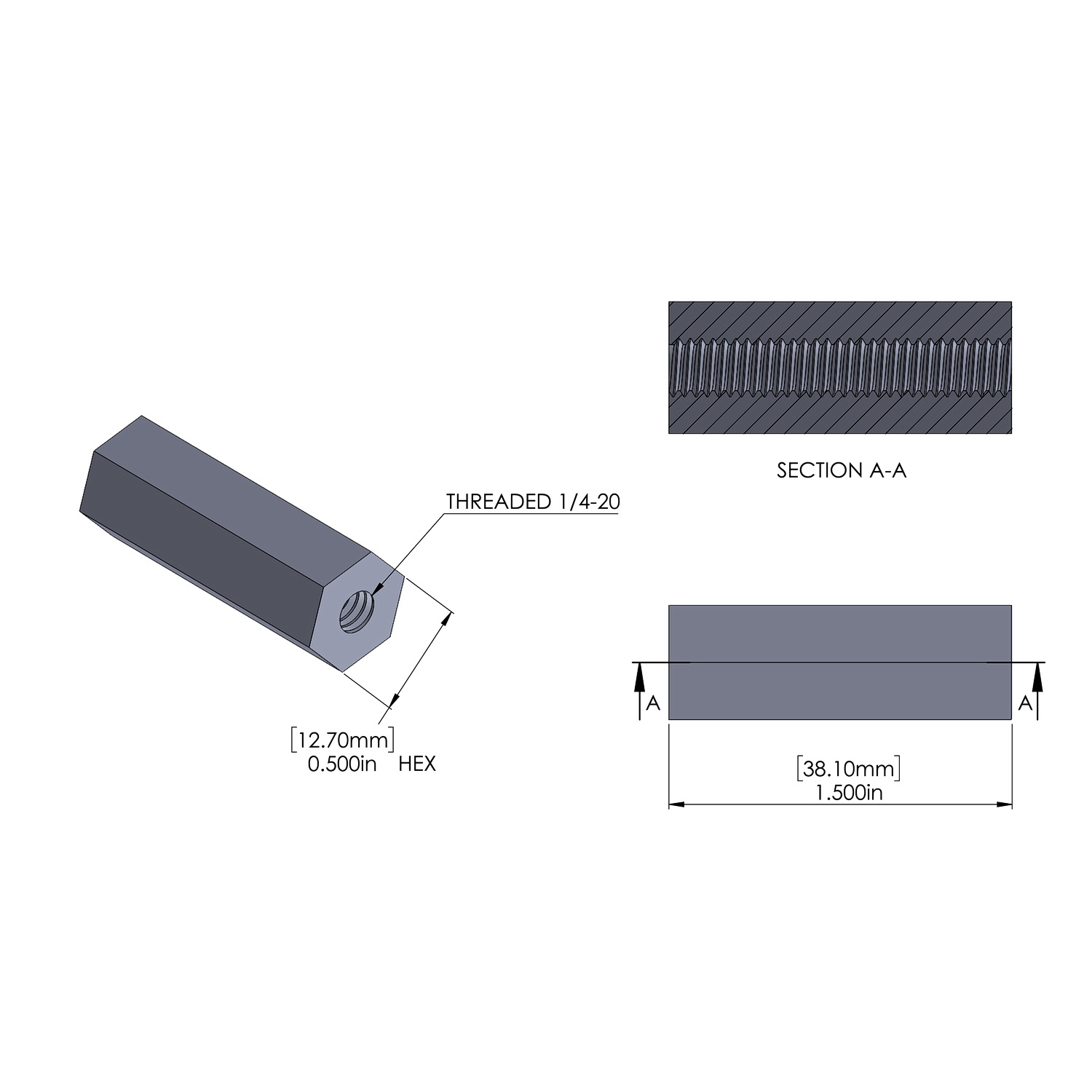 Hex Aluminum Standoff 1/2 Hex x 1/4-20 Thread x 1 1/2'' Long, Plain Aluminum Finish