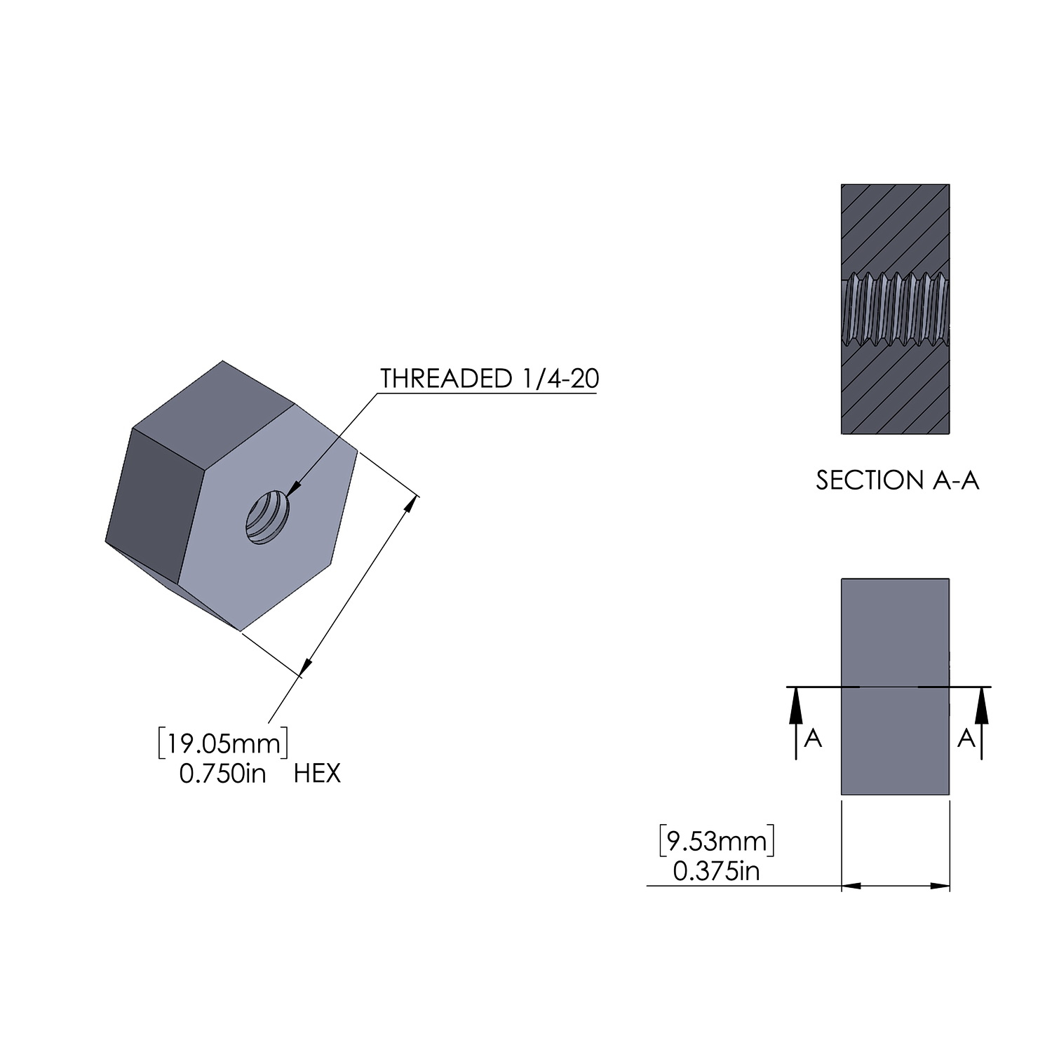 Hex Aluminum Standoff 3/4 Hex x 1/4-20 Thread x 3/8'' Long, Plain Aluminum Finish