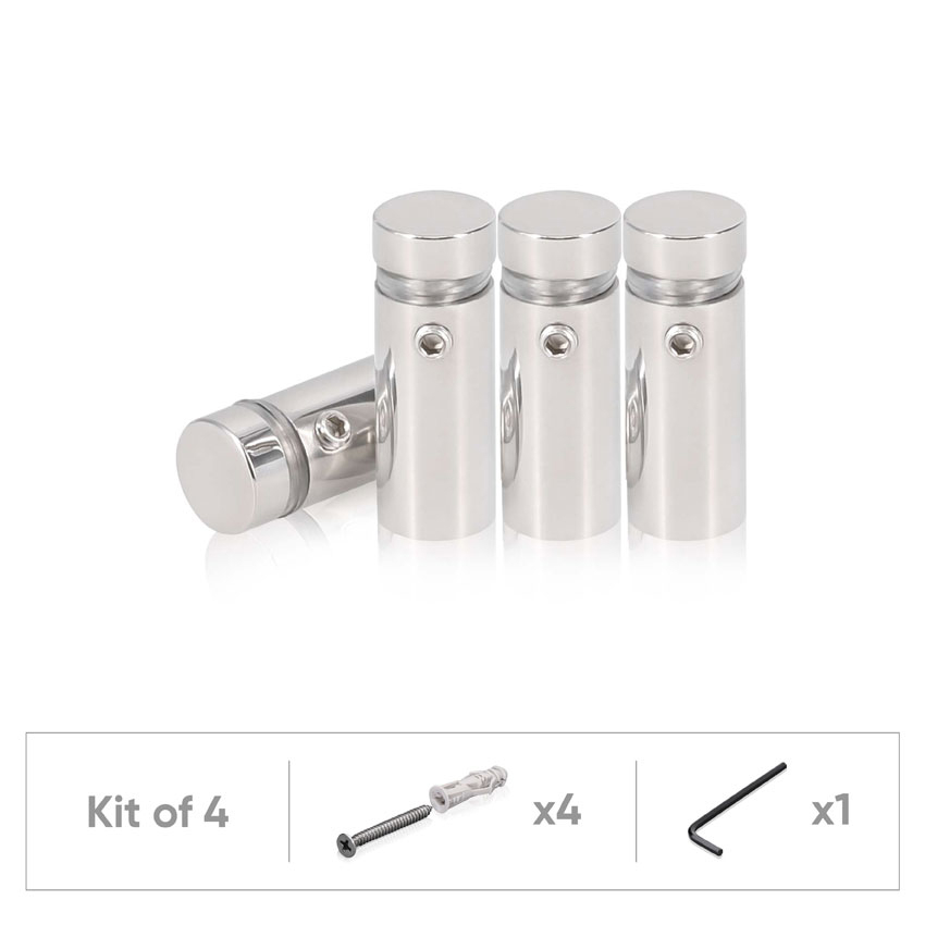 (Set of 4) 1/2'' Diameter X 1'' Barrel Length, (304) Stainless Steel Polished Finish. Standoff with (4) 2208Z Screw and (4) LANC1 Anchor for concrete or drywall (For Inside / Outside use) Secure Standoff [Required Material Hole Size: 3/8'']