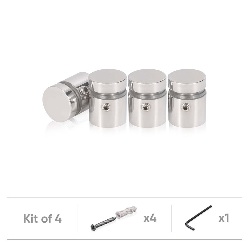 (Set of 4) 5/8'' Diameter X 1/2'' Barrel Length, (304) Stainless Steel Polished Finish. Standoff with (4) 2208Z Screw and (4) LANC1 Anchor for concrete or drywall (For Inside / Outside use) Secure Standoff [Required Material Hole Size: 7/16'']