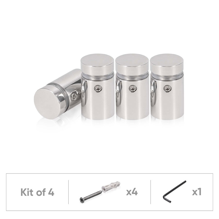 (Set of 4) 5/8'' Diameter X 3/4'' Barrel Length, (304) Stainless Steel Polished Finish. Standoff with (4) 2208Z Screw and (4) LANC1 Anchor for concrete or drywall (For Inside / Outside use) Secure Standoff [Required Material Hole Size: 7/16'']