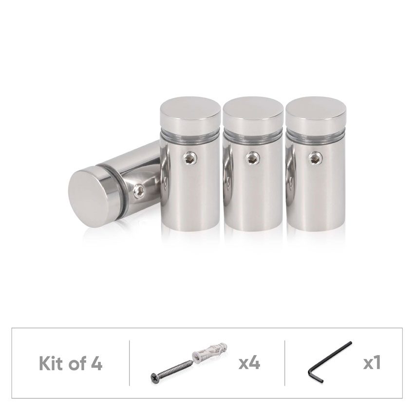 (Set of 4) 5/8'' Diameter X 1'' Barrel Length, (304) Stainless Steel Polished Finish. Standoff with (4) 2208Z Screw and (4) LANC1 Anchor for concrete or drywall (For Inside / Outside use) Secure Standoff [Required Material Hole Size: 7/16'']