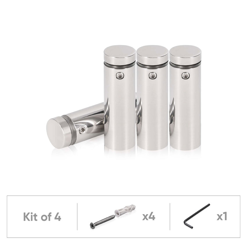 (Set of 4) 5/8'' Diameter X 1-3/4'' Barrel Length, (304) Stainless Steel Polished Finish. Standoff with (4) 2208Z Screw and (4) LANC1 Anchor for concrete or drywall (For Inside / Outside use) Secure Standoff [Required Material Hole Size: 7/16'']