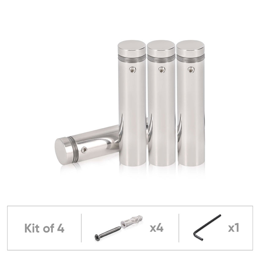 (Set of 4) 5/8'' Diameter X 2-1/2'' Barrel Length, (304) Stainless Steel Polished Finish. Standoff with (4) 2208Z Screw and (4) LANC1 Anchor for concrete or drywall (For Inside / Outside use) Secure Standoff [Required Material Hole Size: 7/16'']
