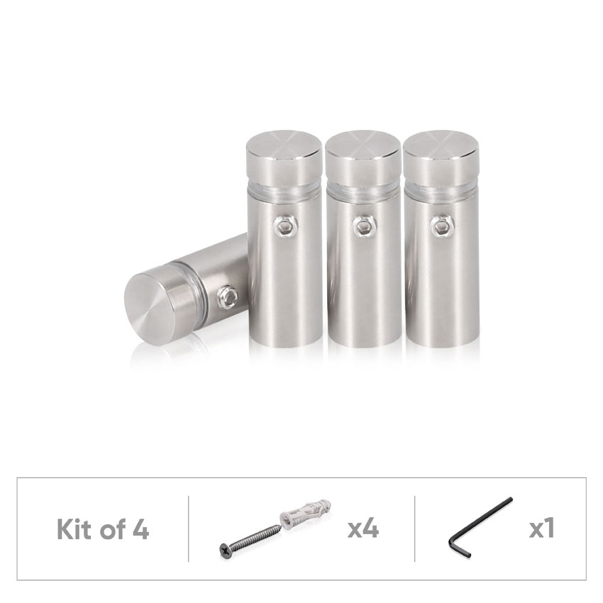 (Set of 4) 1/2'' Dia. X 1'' Barrel Length, (316 Marine Grade) Stainless Steel Brushed Finish. Easy Fasten Standoff with (4) 2208Z Screw and (4) LANC1 Anchor for concrete/drywall and (1) M4 Allen Key (For  In/Out use) [Req. Mat. Hole Size: 3/8'']