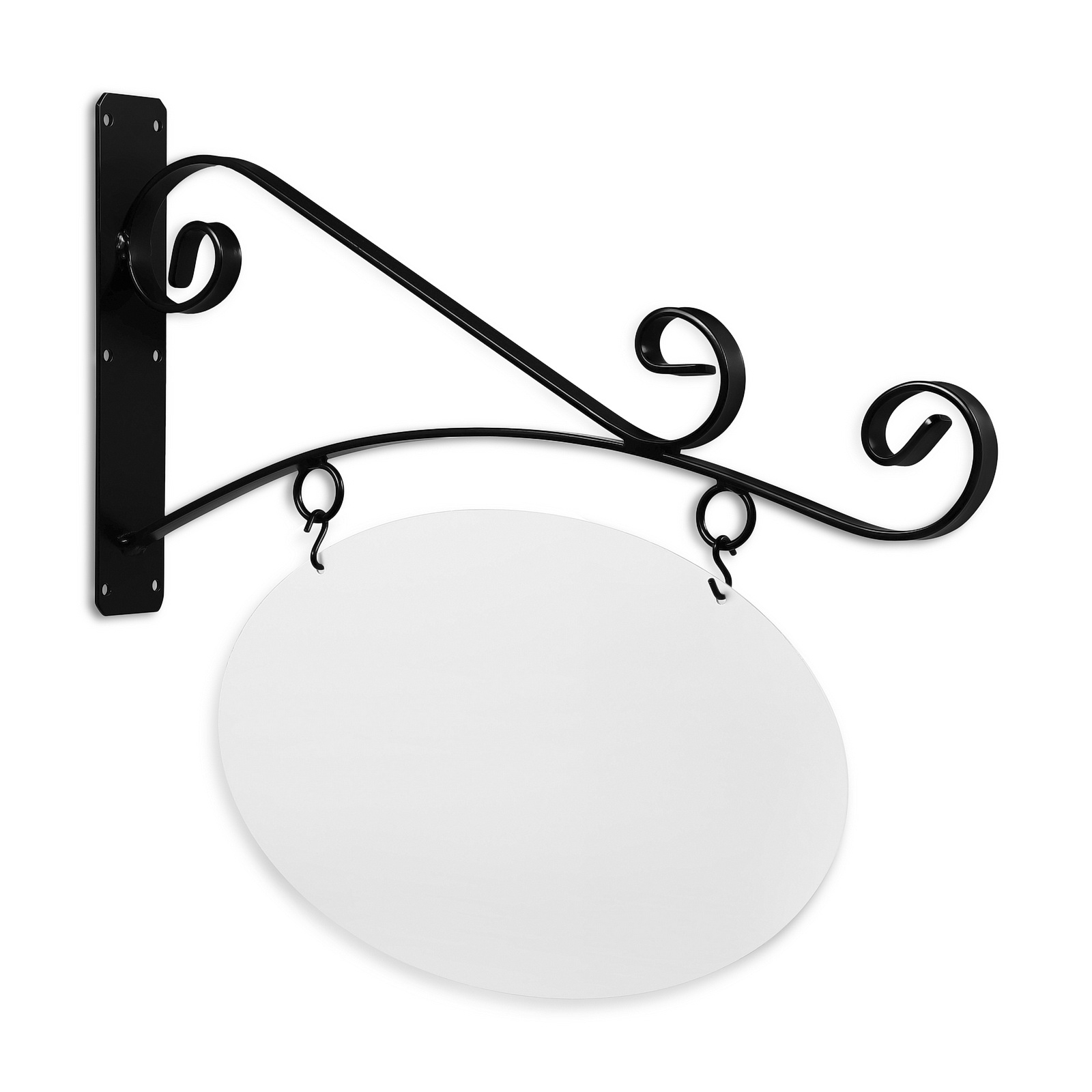 24'' Wide Bistro Style Bracket in  Black Powder Coated Steel with 14'' Tall X 22'' Wide X .080'' Thick White Aluminum Sign Blank and 2 Black Powder Coated S-Hooks