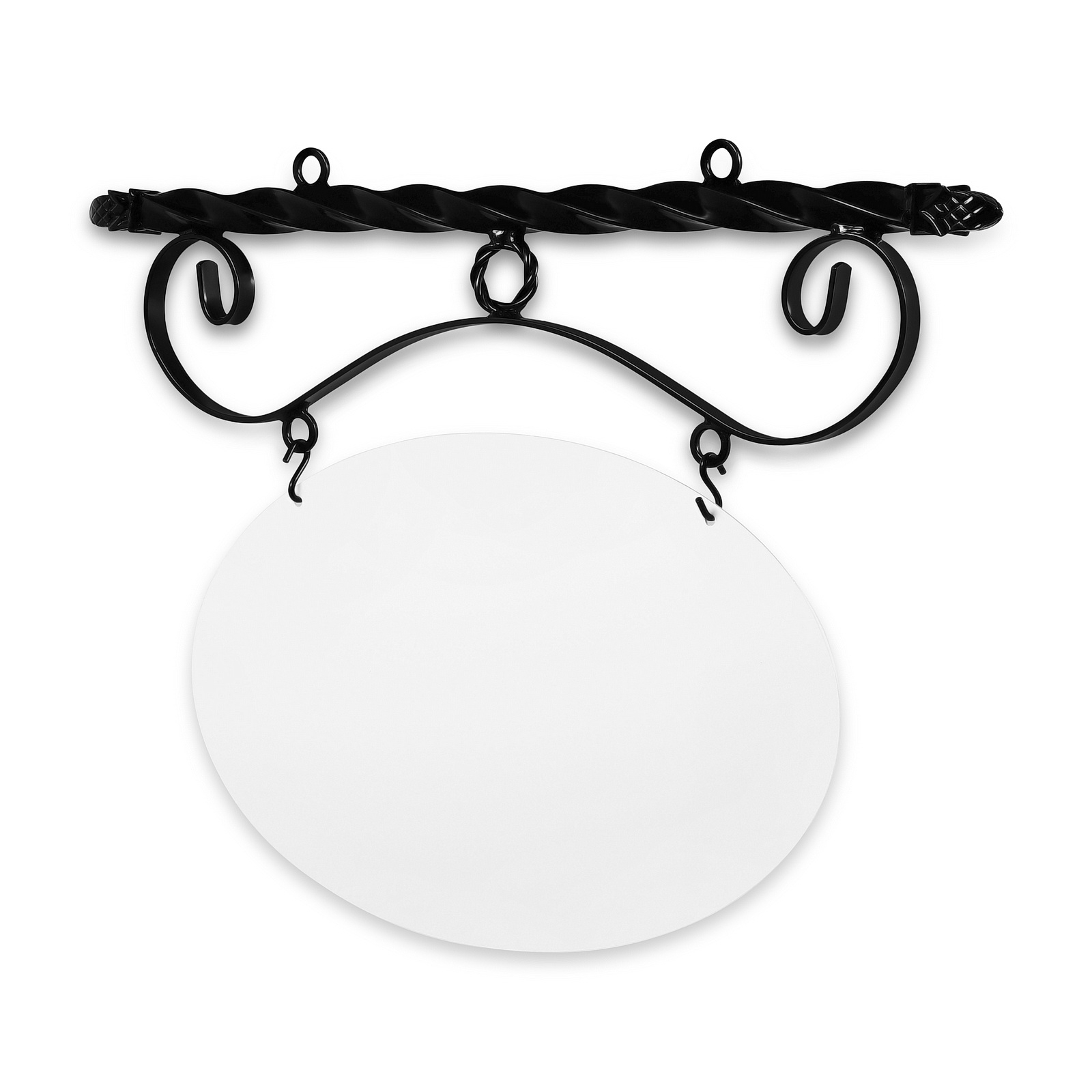 24'' Wide Ceiling Mount Bracket in  Black Powder Coated Steel with 14'' Tall X 22'' Wide X .080'' Thick White Aluminum Sign Blank and 2 Black Powder Coated S-Hooks (Pineapple Finial)