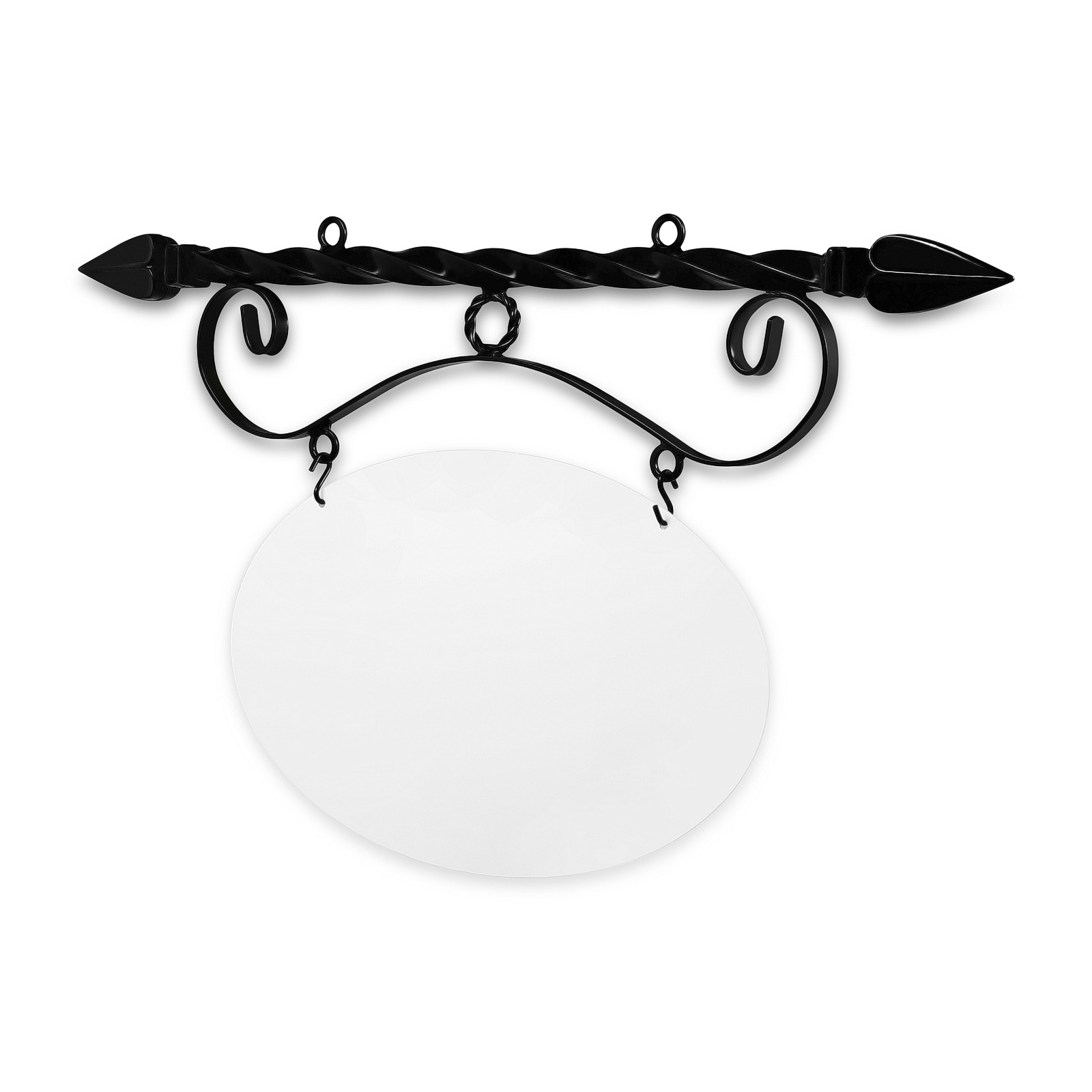 24'' Wide Ceiling Mount Bracket in  Black Powder Coated Steel with 14'' Tall X 22'' Wide X .080'' Thick White Aluminum Sign Blank and 2 Black Powder Coated S-Hooks (Spear Point Finial)