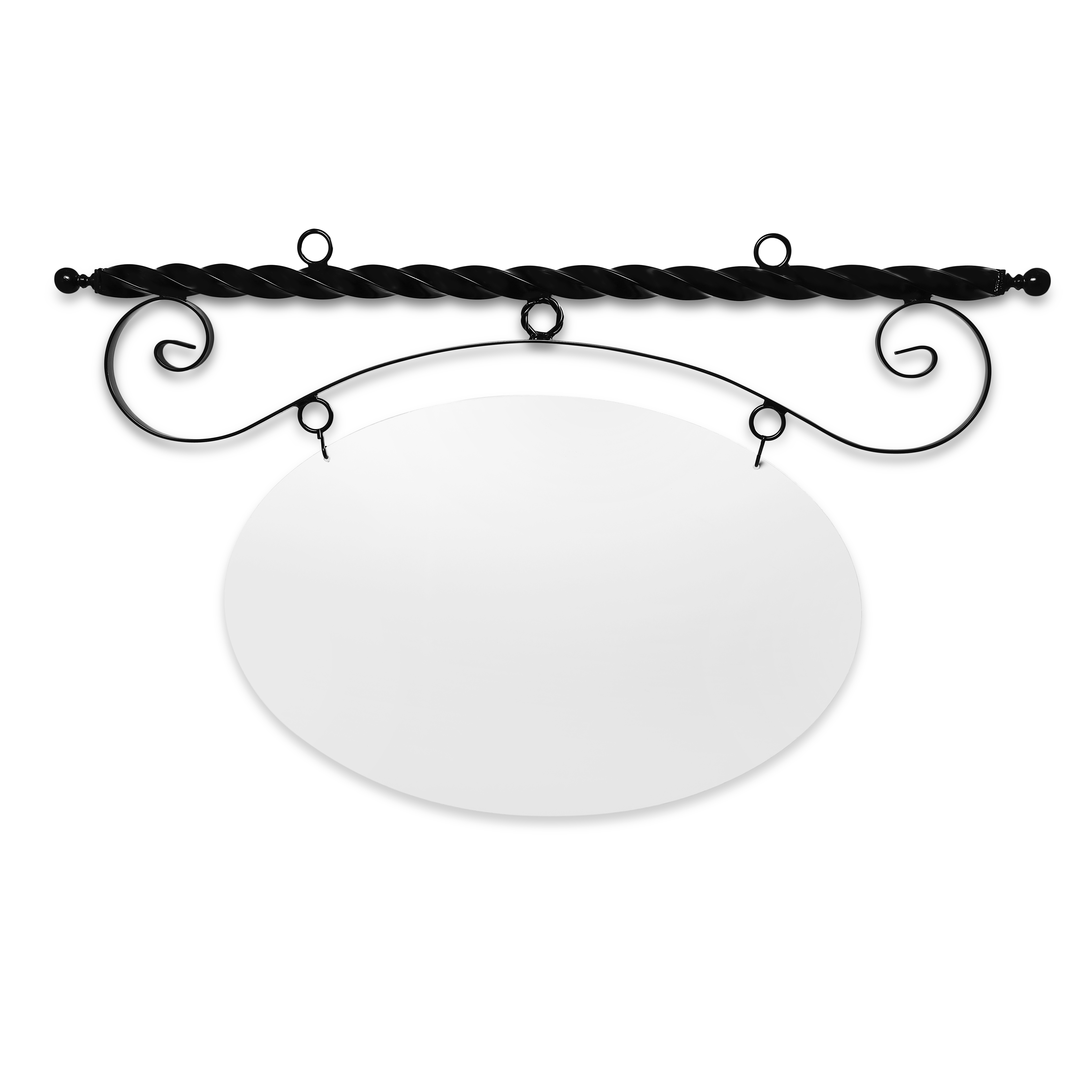 43'' Wide Ceiling Mount Bracket in  Black Powder Coated Steel with 22'' Tall X 33'' Wide X .080'' Thick White Aluminum Sign Blank and 2 Black Powder Coated S-Hooks (Ball Finial)