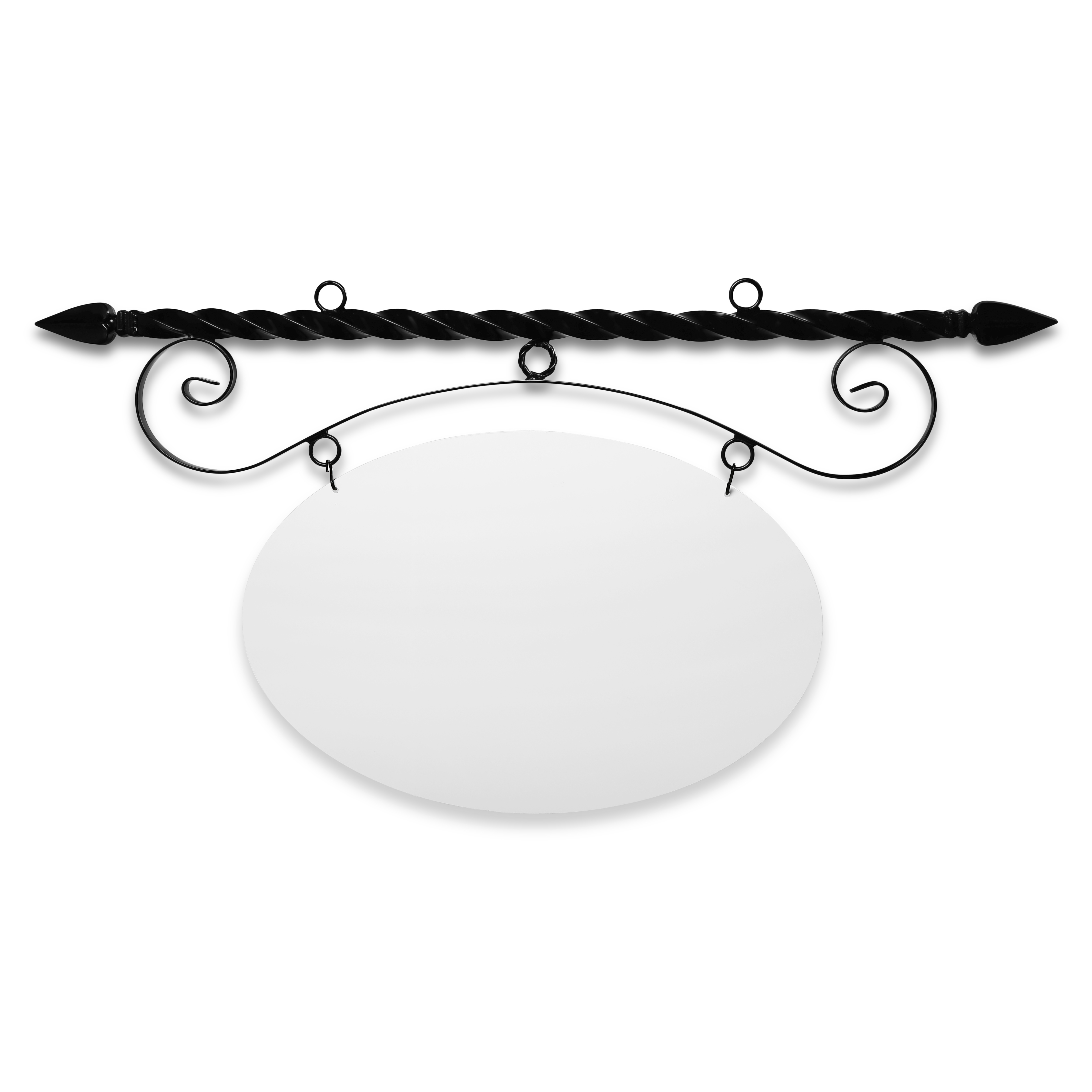 43'' Wide Ceiling Mount Bracket in  Black Powder Coated Steel with 22'' Tall X 33'' Wide X .080'' Thick White Aluminum Sign Blank and 2 Black Powder Coated S-Hooks (Spear Point Finial)