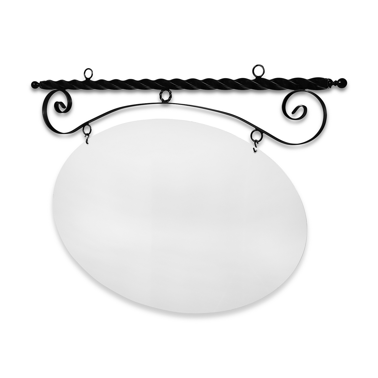48'' Wide Ceiling Mount Bracket in  Black Powder Coated Steel with 30'' Tall X 46'' Wide X .080'' Thick White Aluminum Sign Blank and 2 Black Powder Coated S-Hooks (Ball Finial)