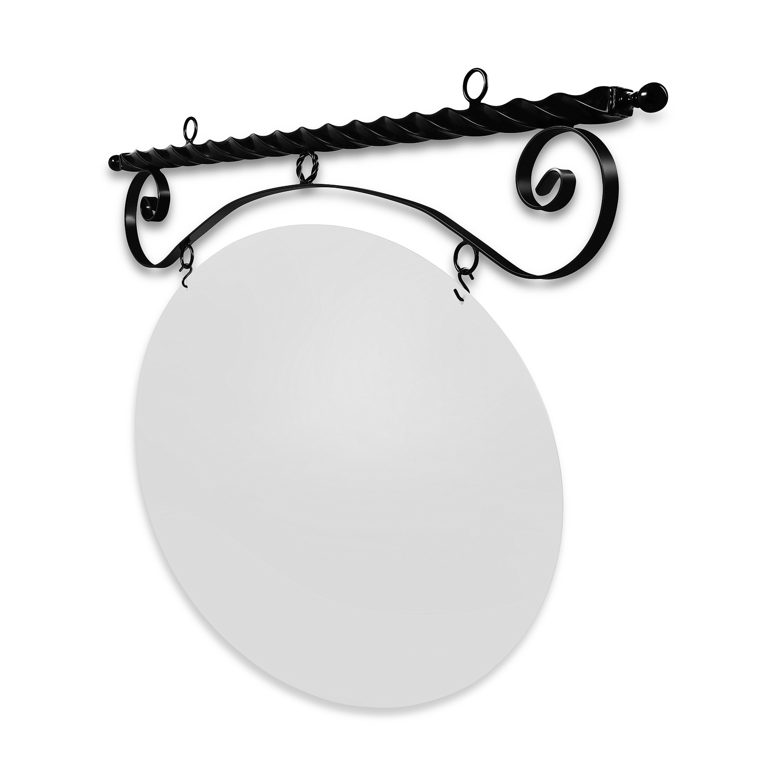 48'' Wide Ceiling Mount Bracket in  Black Powder Coated Steel with 30'' Tall X 46'' Wide X .080'' Thick White Aluminum Sign Blank and 2 Black Powder Coated S-Hooks (Ball Finial)