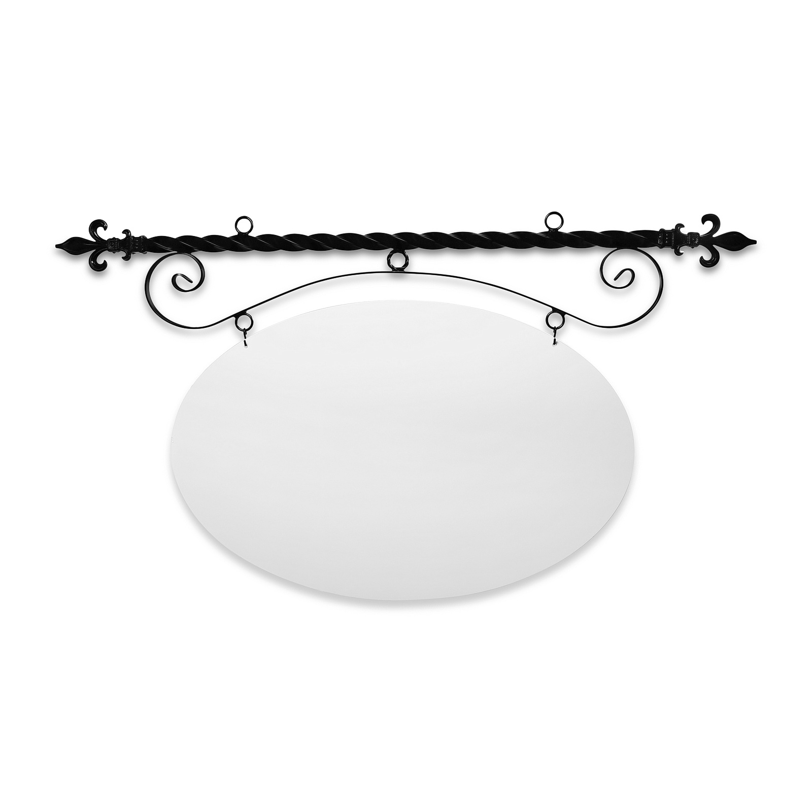 48'' Wide Ceiling Mount Bracket in  Black Powder Coated Steel with 30'' Tall X 46'' Wide X .080'' Thick White Aluminum Sign Blank and 2 Black Powder Coated S-Hooks (Fleur De Lis Finial)