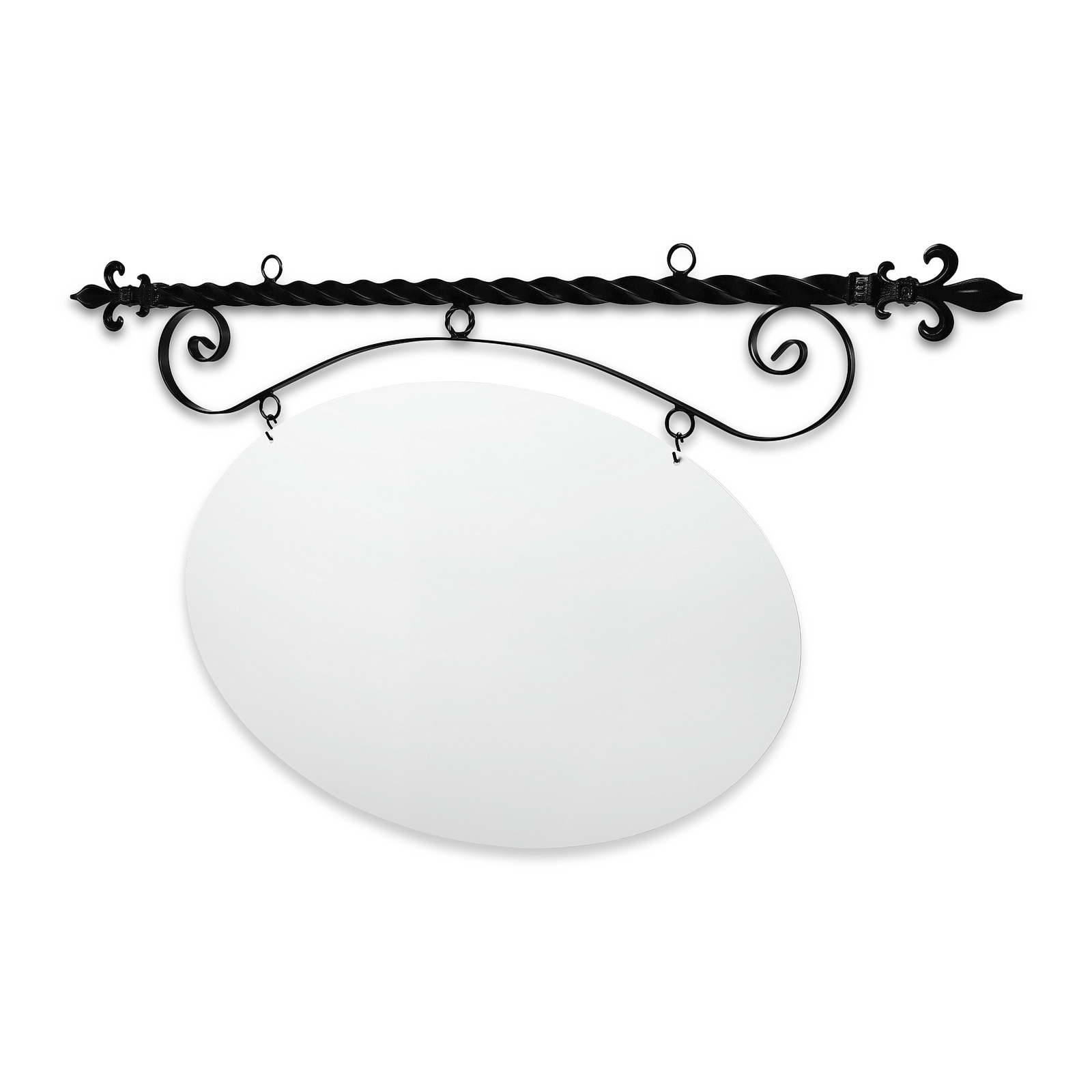 48'' Wide Ceiling Mount Bracket in  Black Powder Coated Steel with 30'' Tall X 46'' Wide X .080'' Thick White Aluminum Sign Blank and 2 Black Powder Coated S-Hooks (Fleur De Lis Finial)
